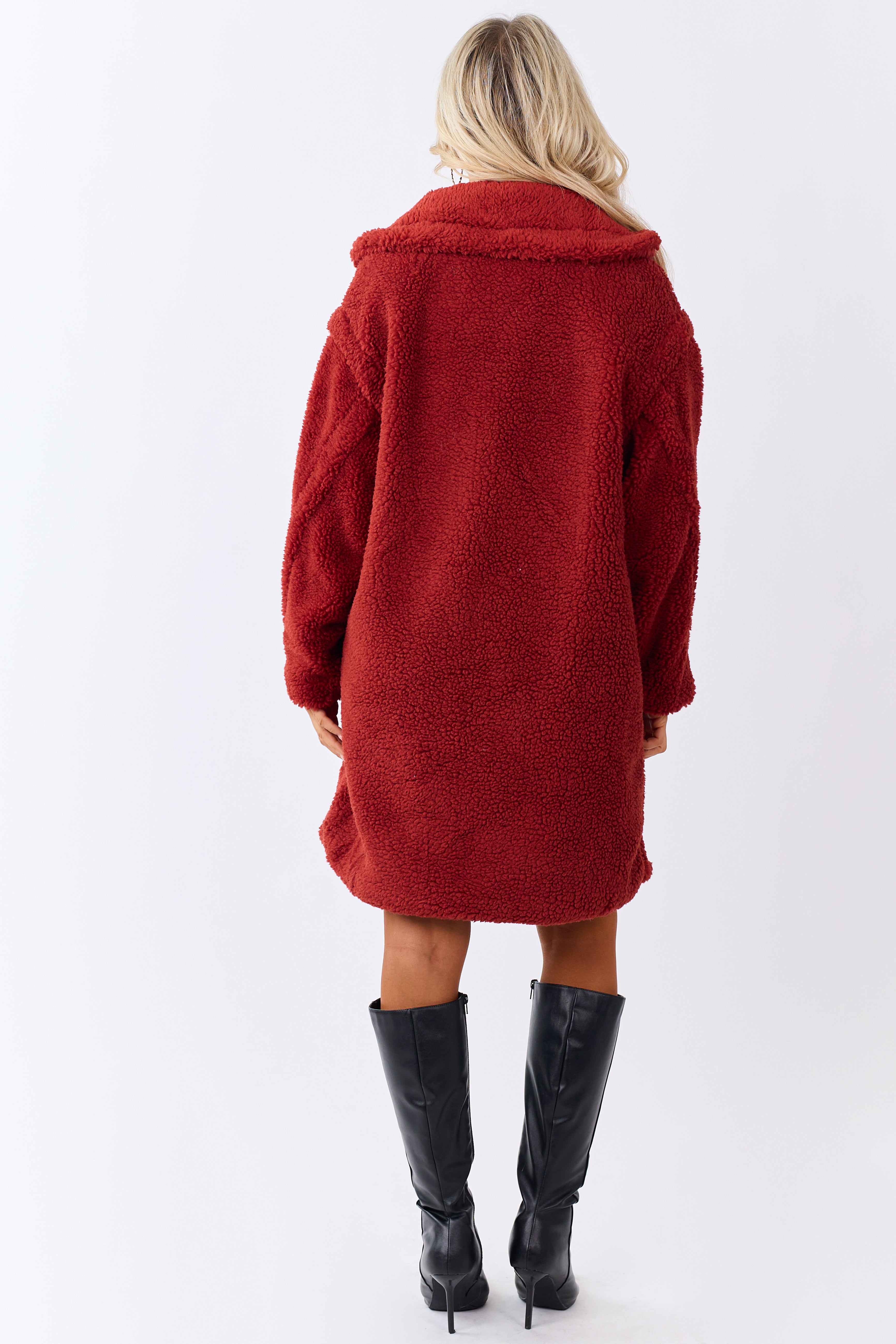 Candy Apple Red Button Down Sherpa Teddy Trench Coat