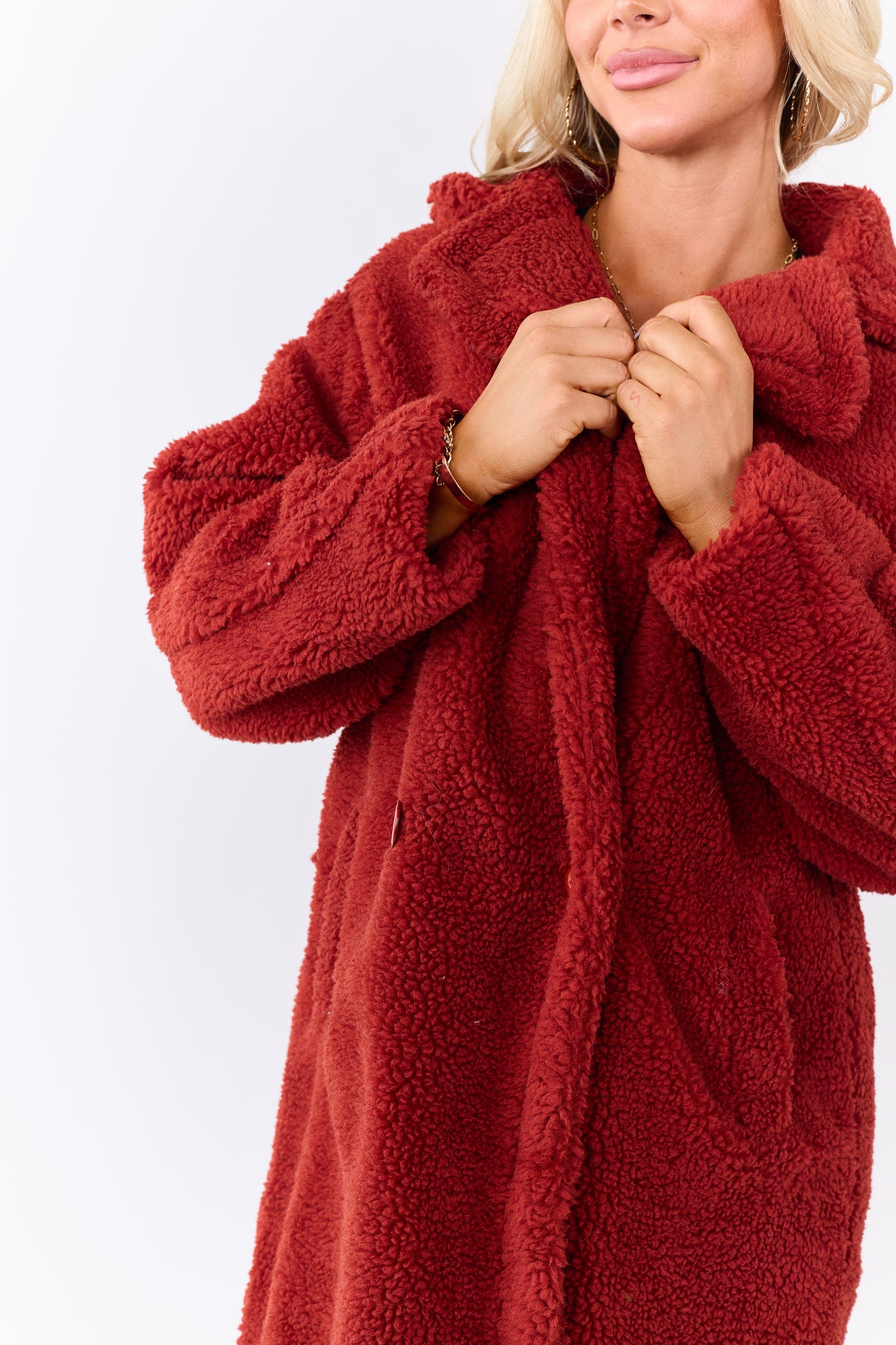 Candy Apple Red Button Down Sherpa Teddy Trench Coat