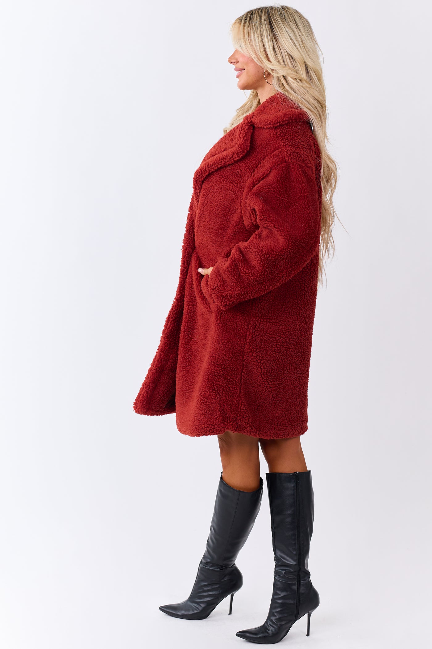 Candy Apple Red Button Down Sherpa Teddy Trench Coat