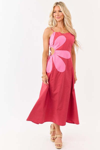 Candy Apple Red Cotton Side Cut Out Flower Midi Dress | Lime Lush