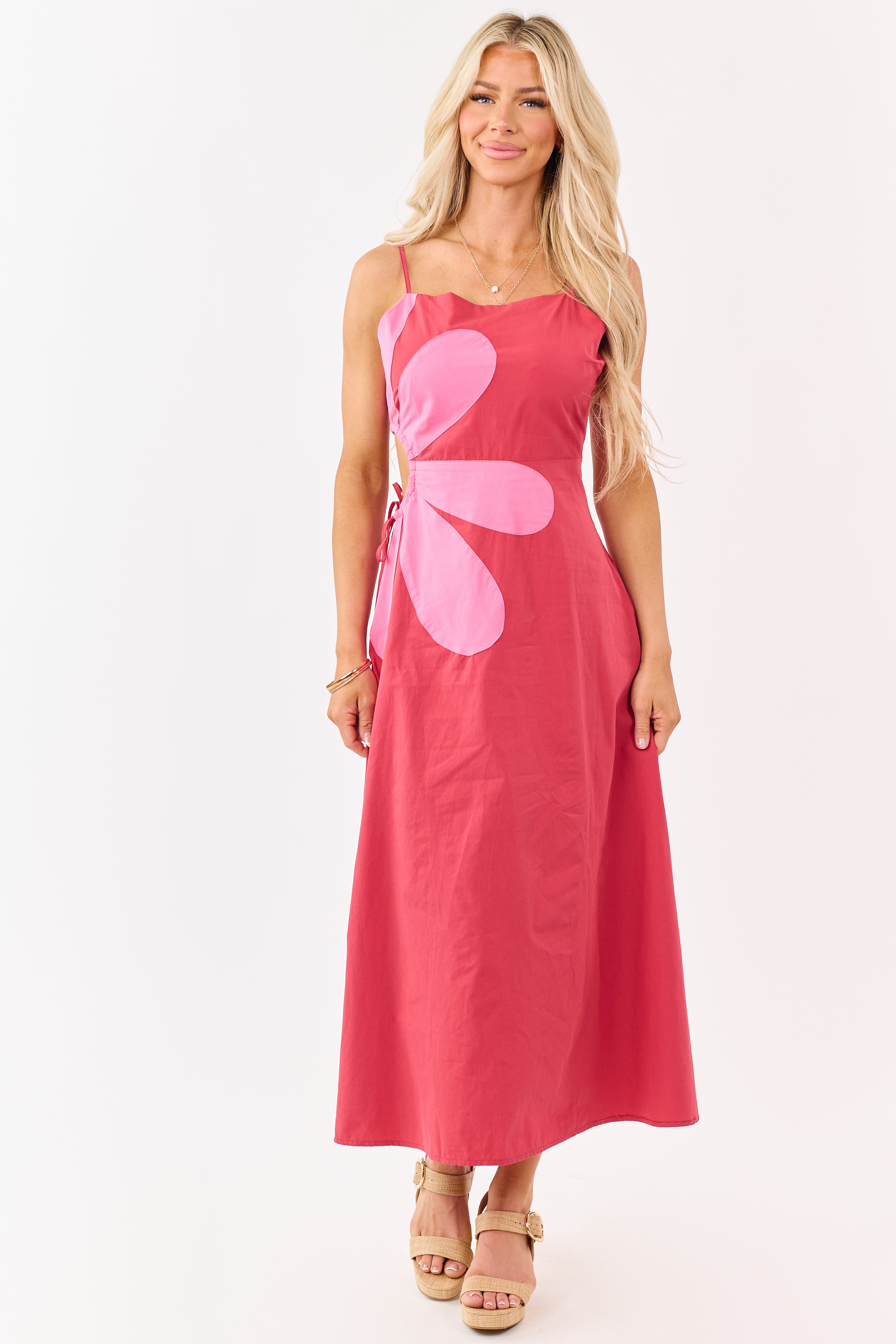 Candy Apple Red Cotton Side Cut Out Flower Midi Dress | Lime Lush