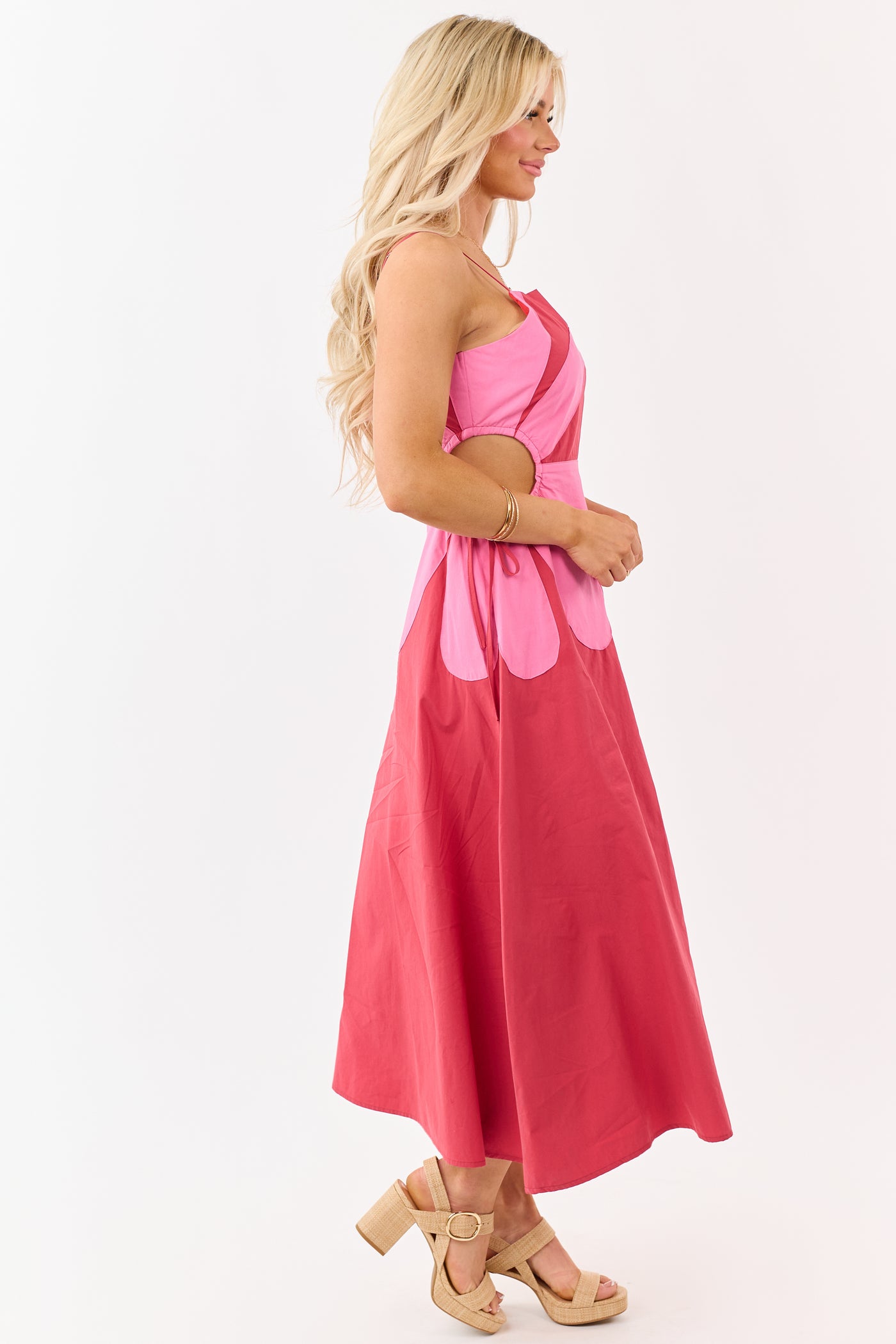 Candy Apple Red Cotton Side Cut Out Flower Midi Dress