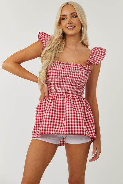 Candy Apple Red Gingham Sleeveless Smocked Blouse