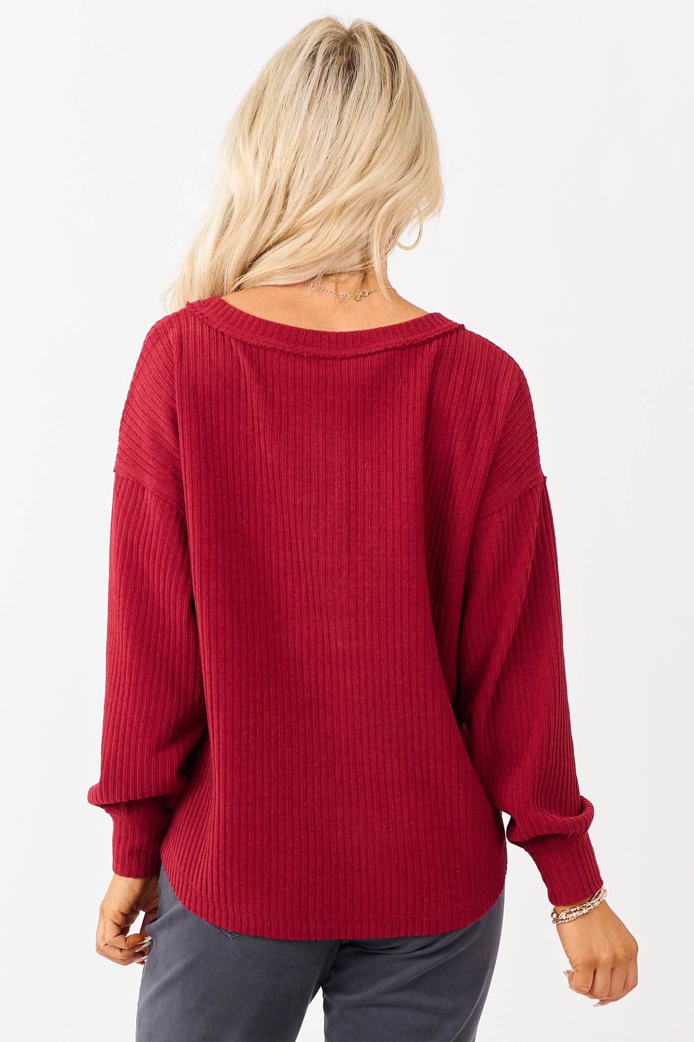 Candy Apple Red Long Sleeve Knit Henley Top