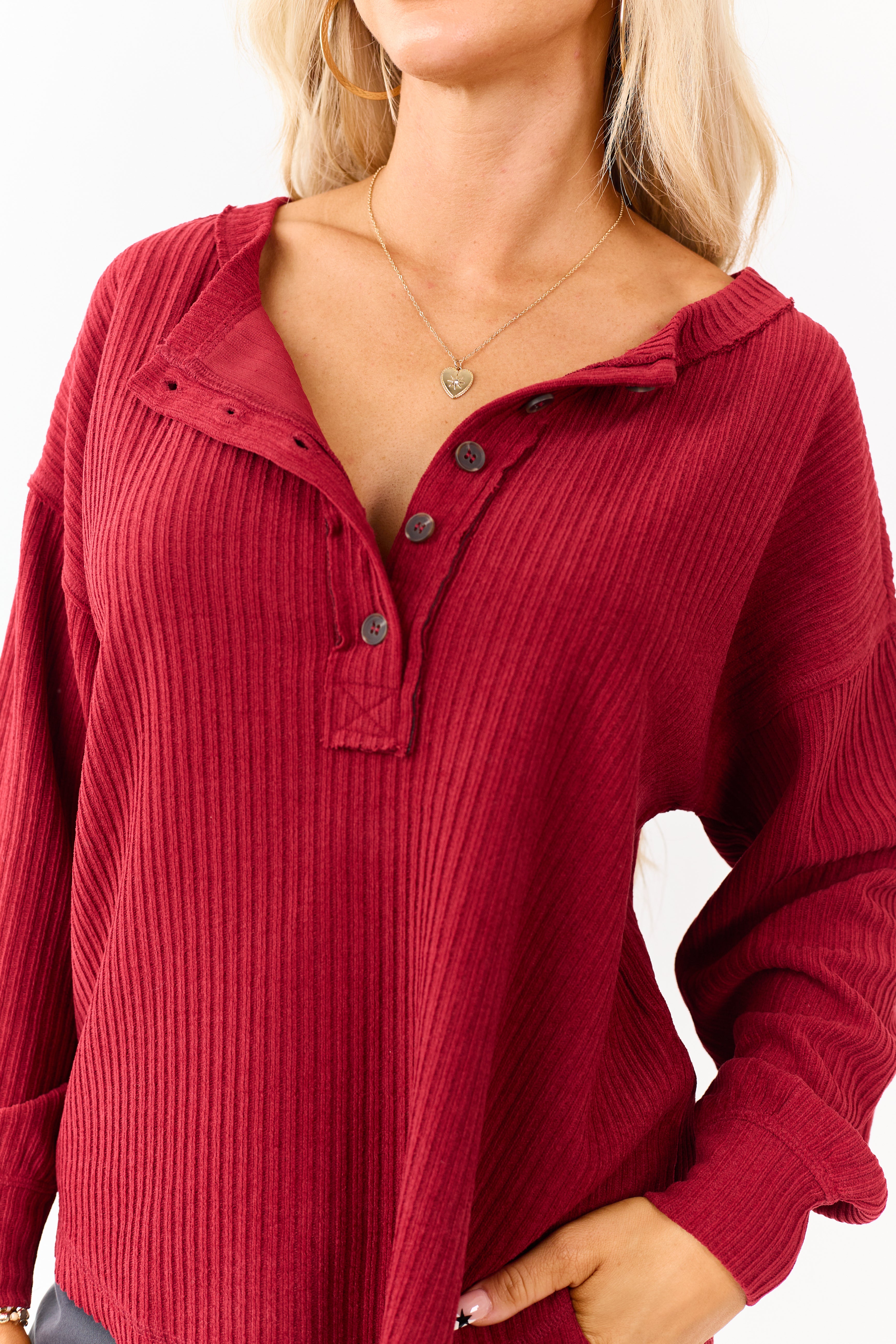 Candy Apple Red Long Sleeve Knit Henley Top