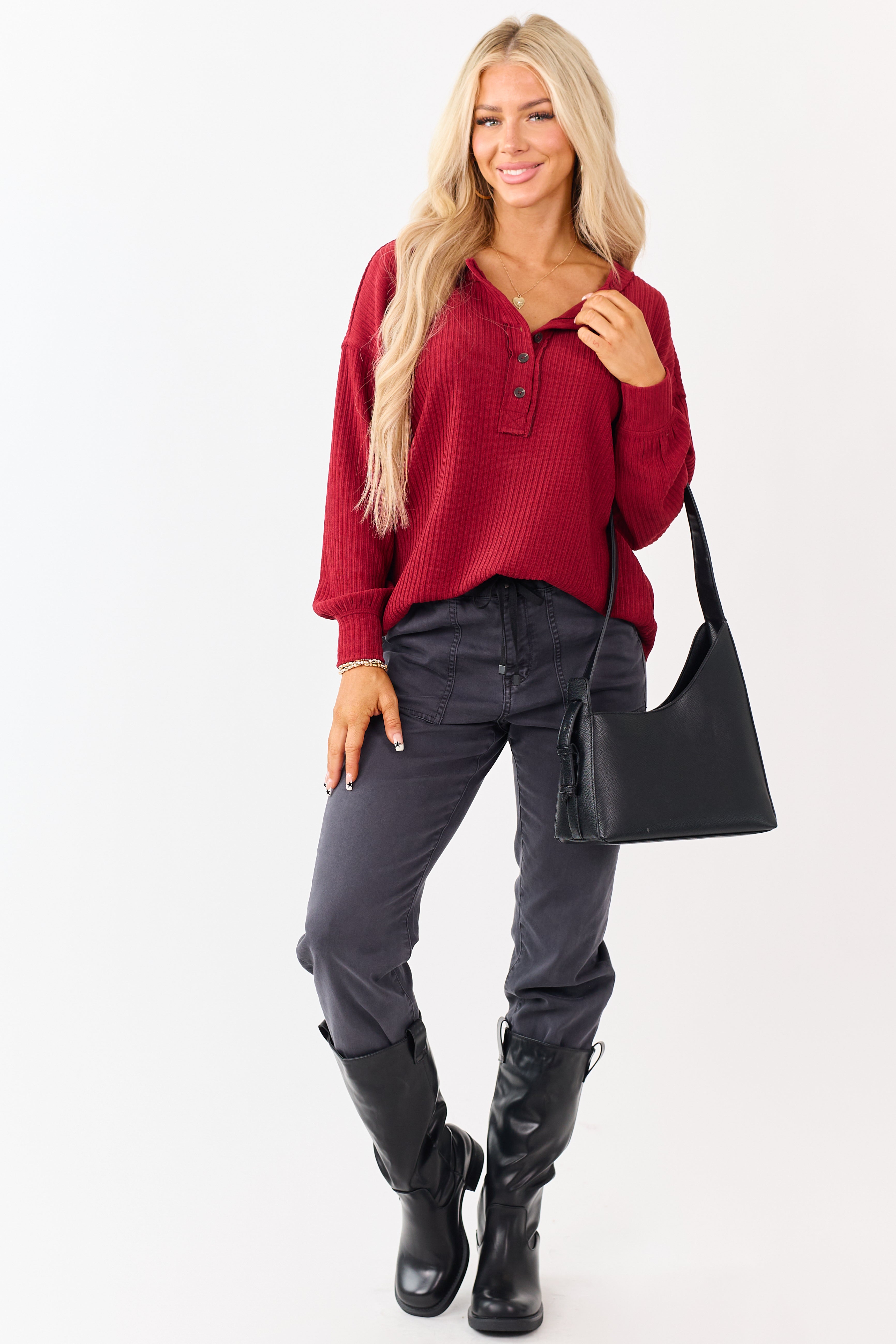 Candy Apple Red Long Sleeve Knit Henley Top
