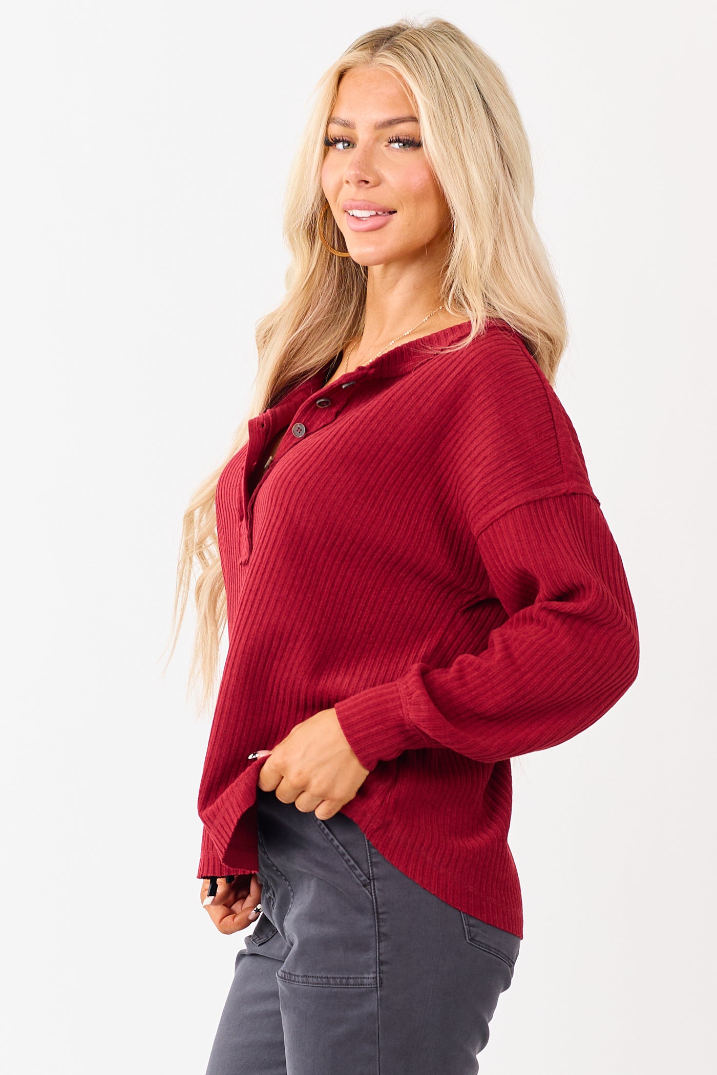 Candy Apple Red Long Sleeve Knit Henley Top