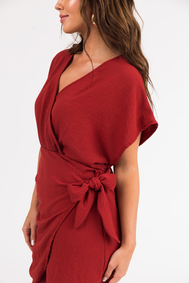 Candy Apple Red Short Wrap Dress with Ruching