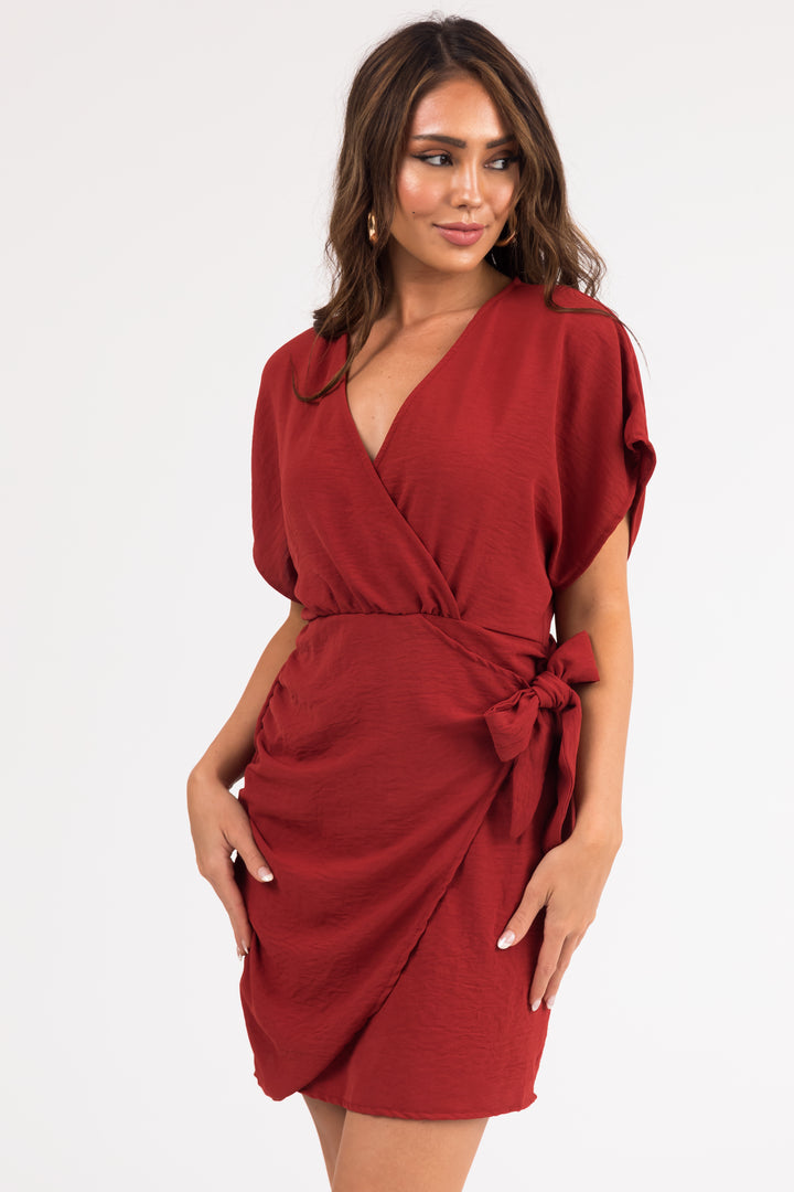 Candy Apple Red Short Wrap Dress with Ruching