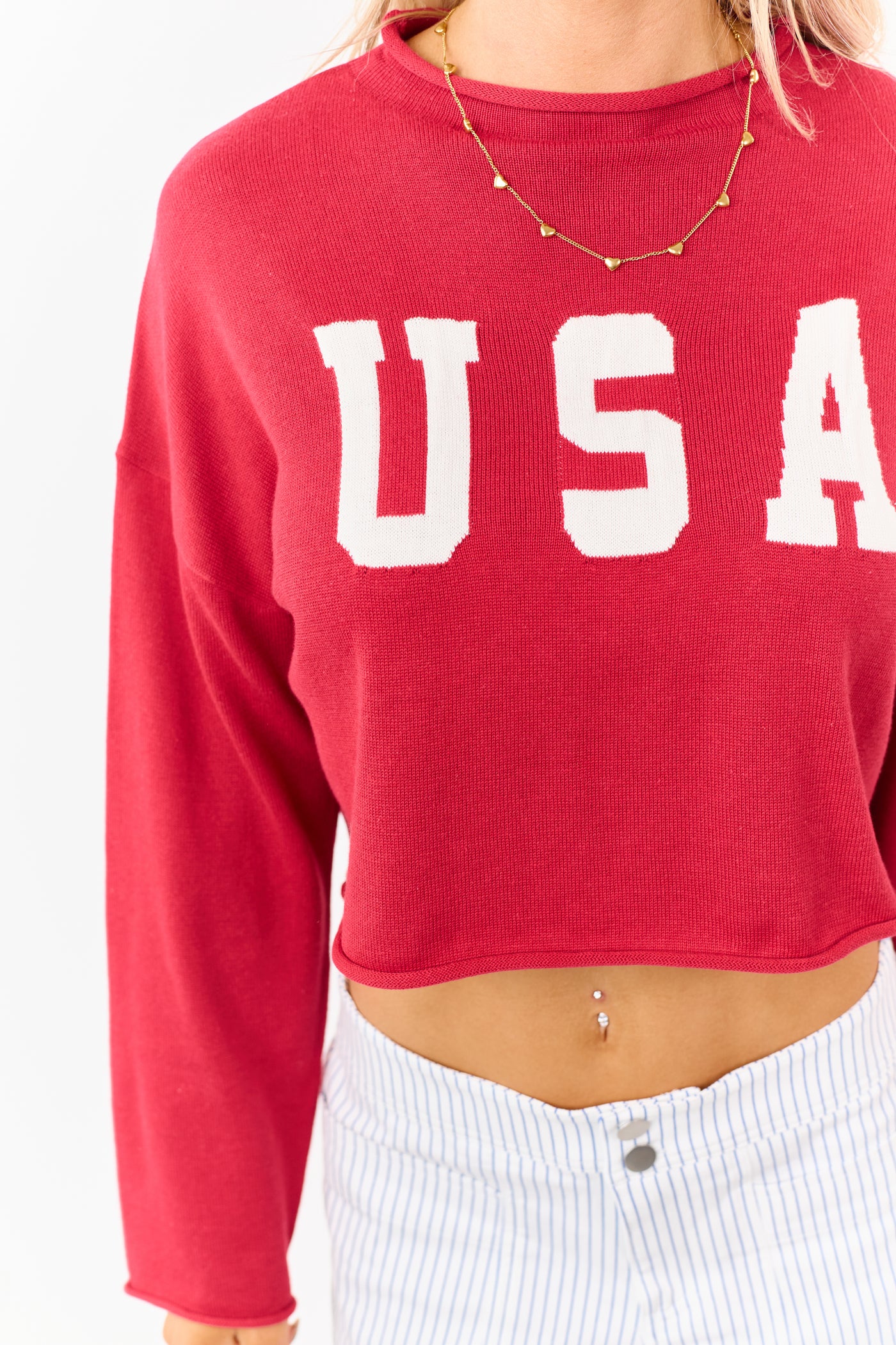 Candy Apple Red 'USA' Cropped Long Sleeve Sweater