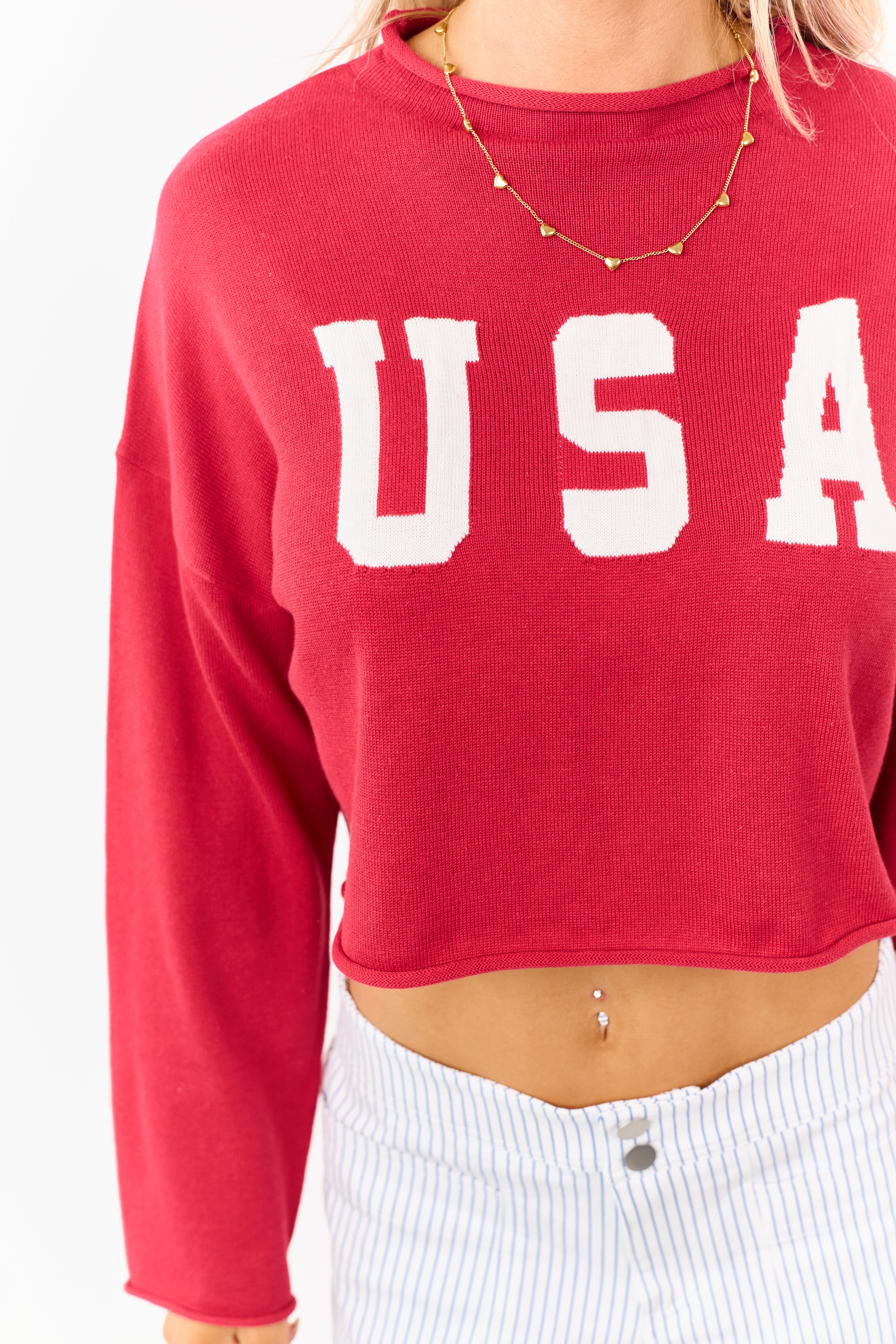 Candy Apple Red 'USA' Cropped Long Sleeve Sweater