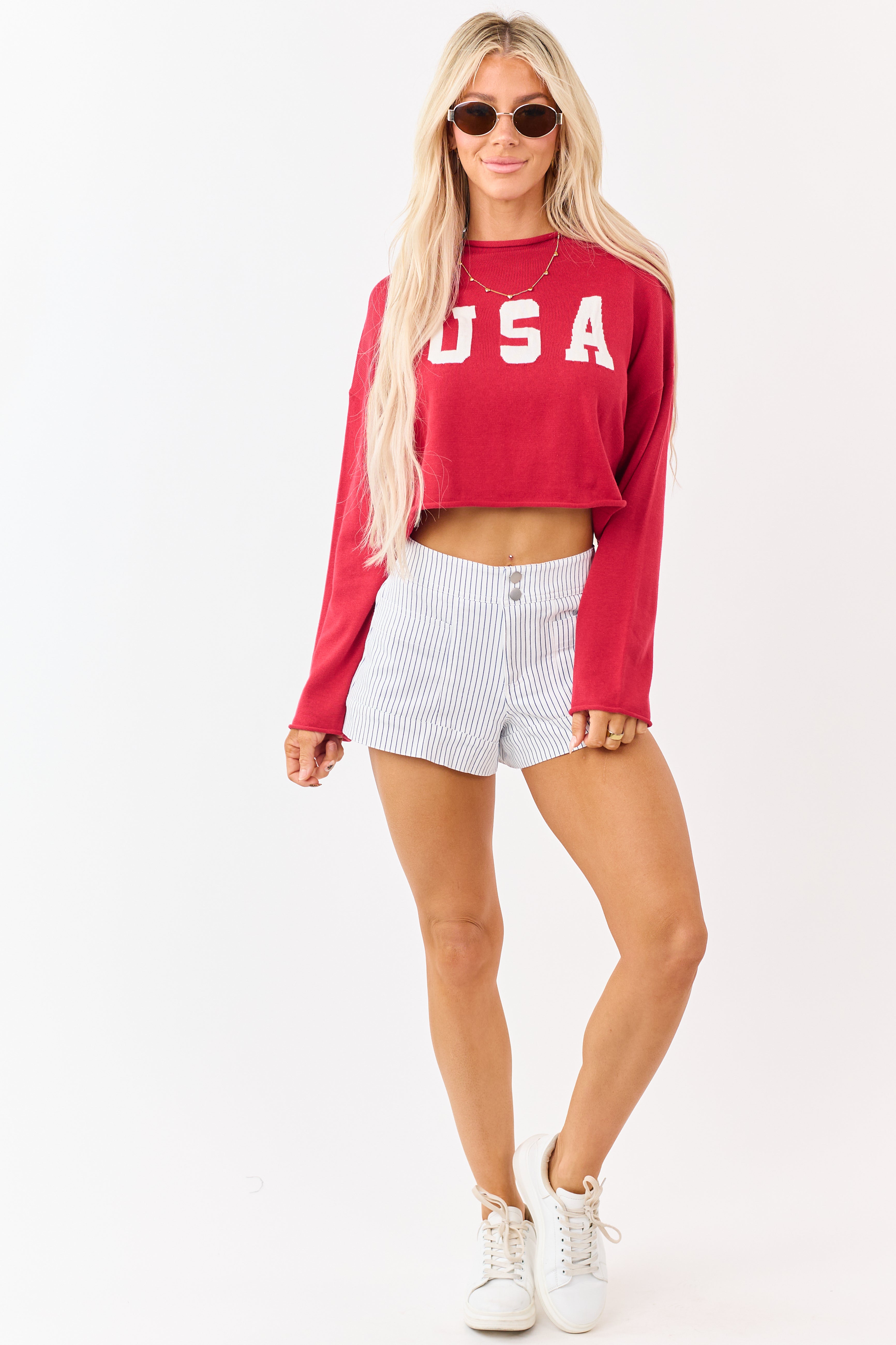 Candy Apple Red 'USA' Cropped Long Sleeve Sweater