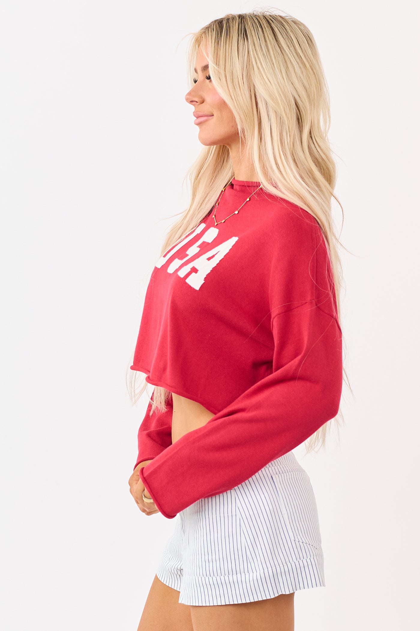 Candy Apple Red 'USA' Cropped Long Sleeve Sweater