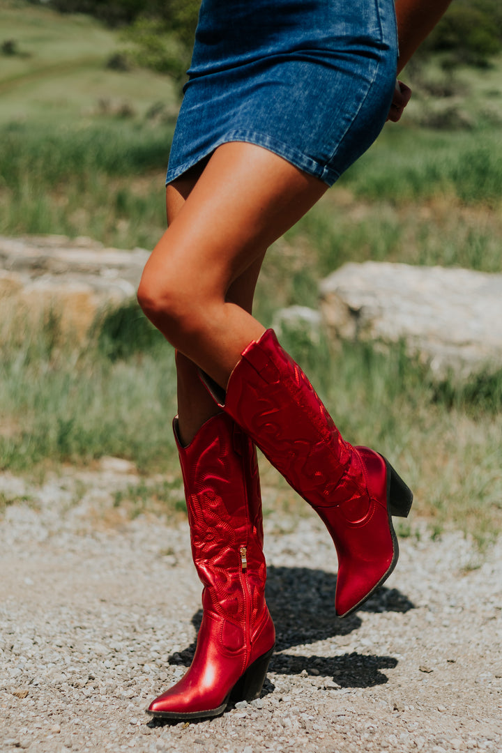 Candy Apple Red Faux Leather Metallic Western Boots & Lime Lush