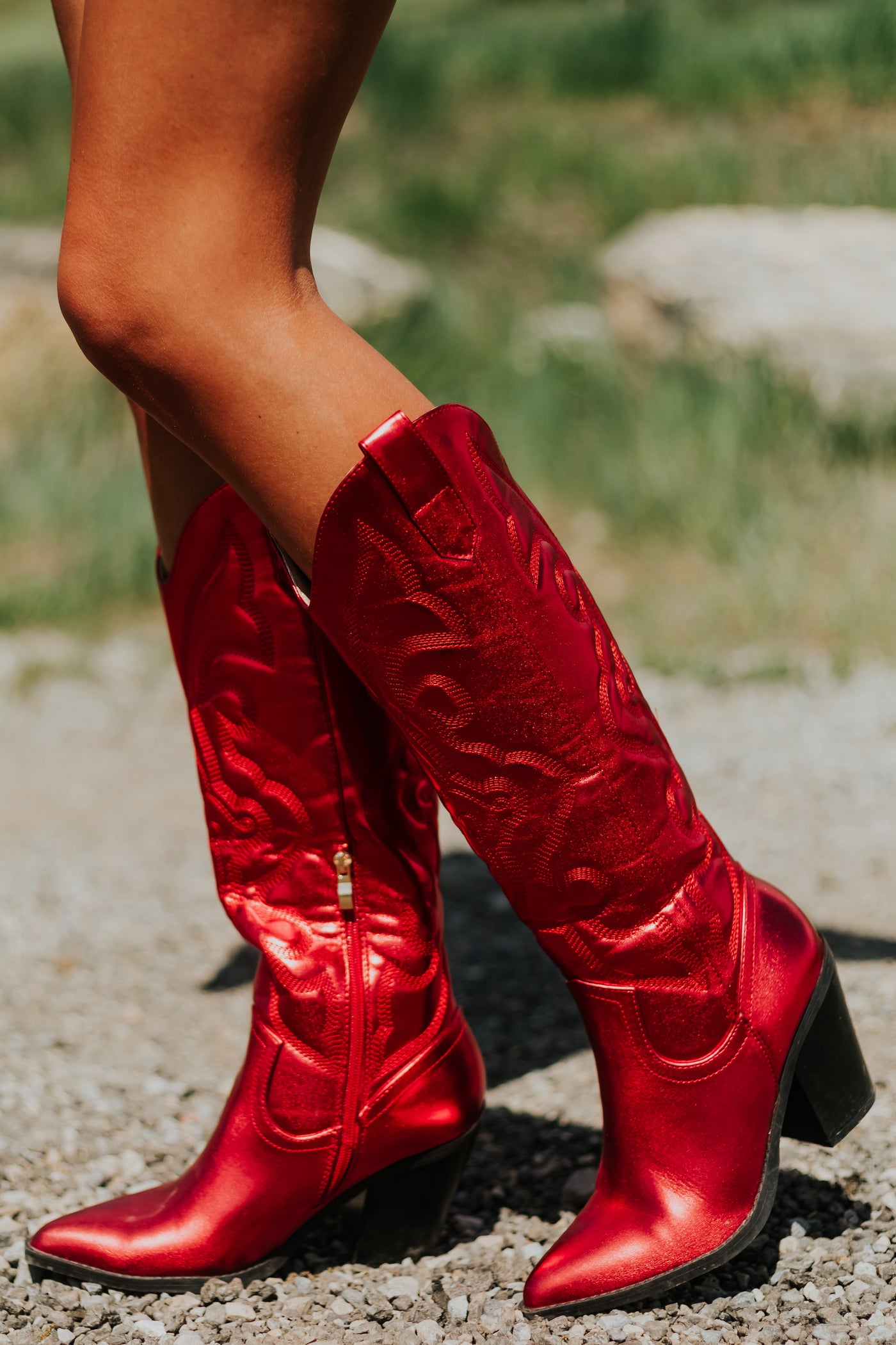Candy Apple Red Faux Leather Metallic Western Boots | Lime Lush Boutique