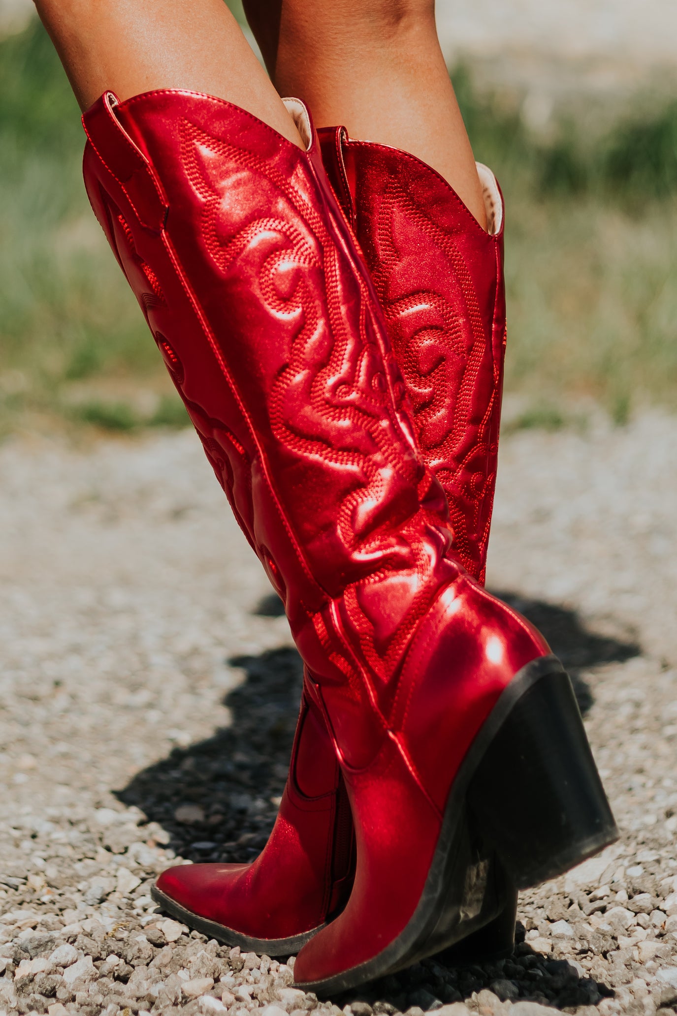 Candy Apple Red Faux Leather Metallic Western Boots | Lime Lush Boutique