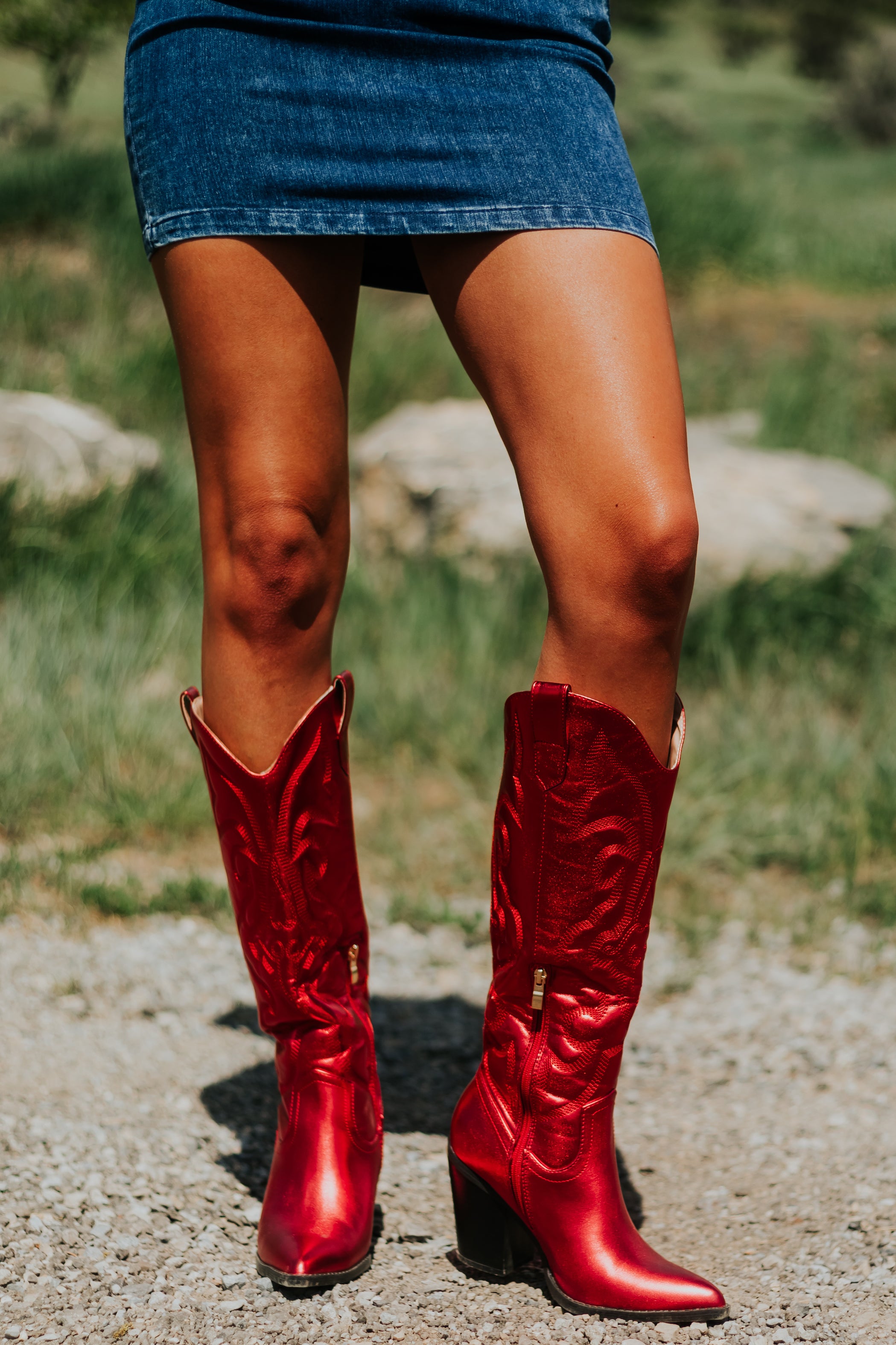 Red Cowboy Booties Candy Apple Red Faux Leather Metallic