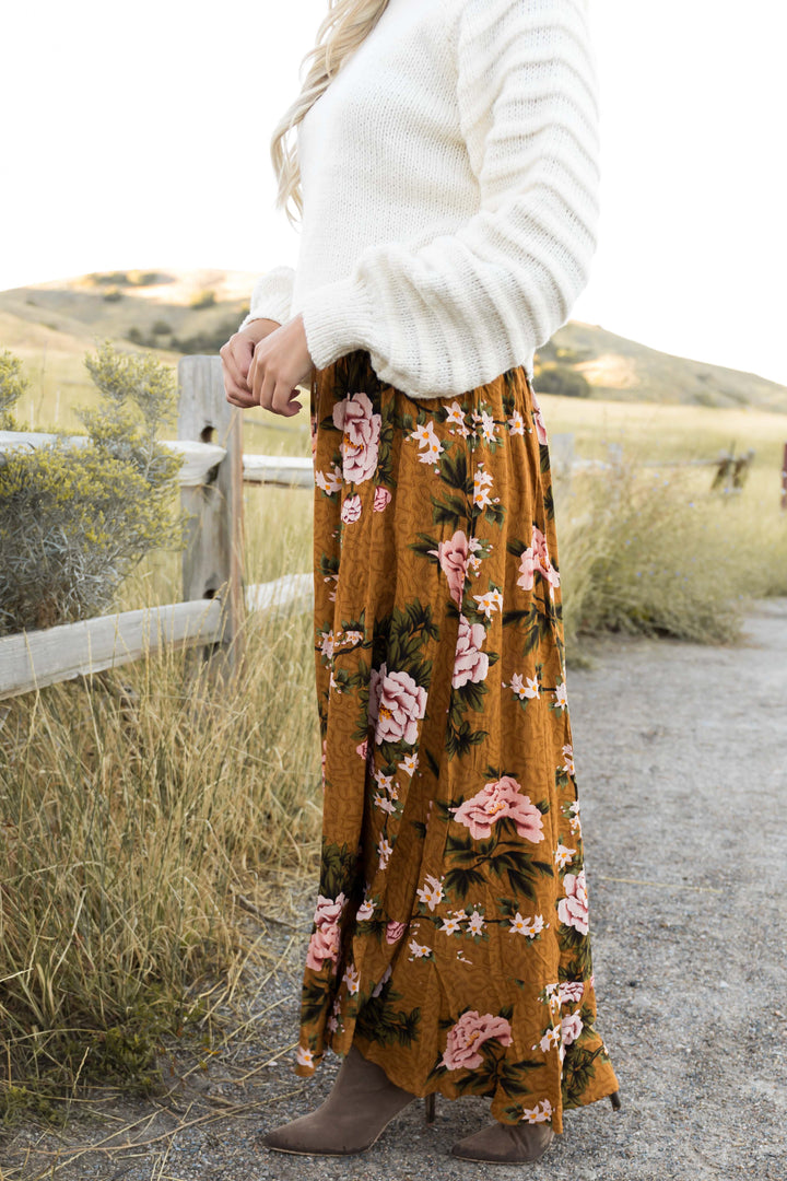 Caramel Button Down Front Slit Maxi Skirt
