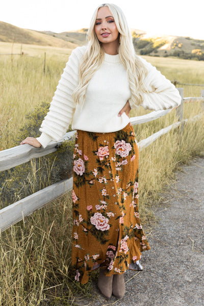 Caramel Button Down Front Slit Maxi Skirt
