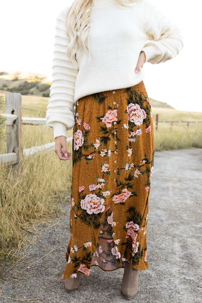 Caramel Button Down Front Slit Maxi Skirt
