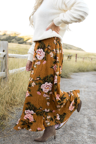 Caramel Button Down Front Slit Maxi Skirt