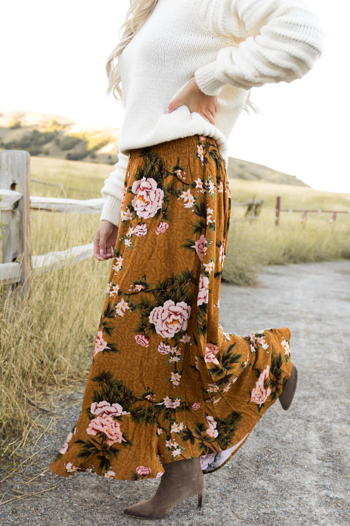 Caramel Button Down Front Slit Maxi Skirt