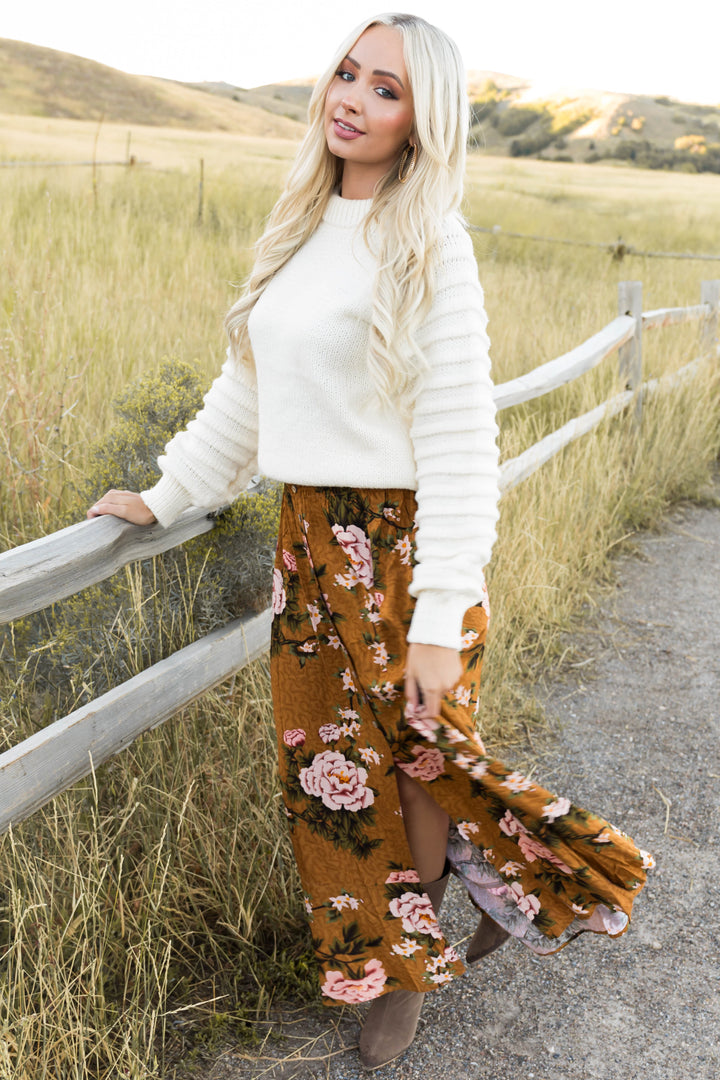 Caramel Button Down Front Slit Maxi Skirt