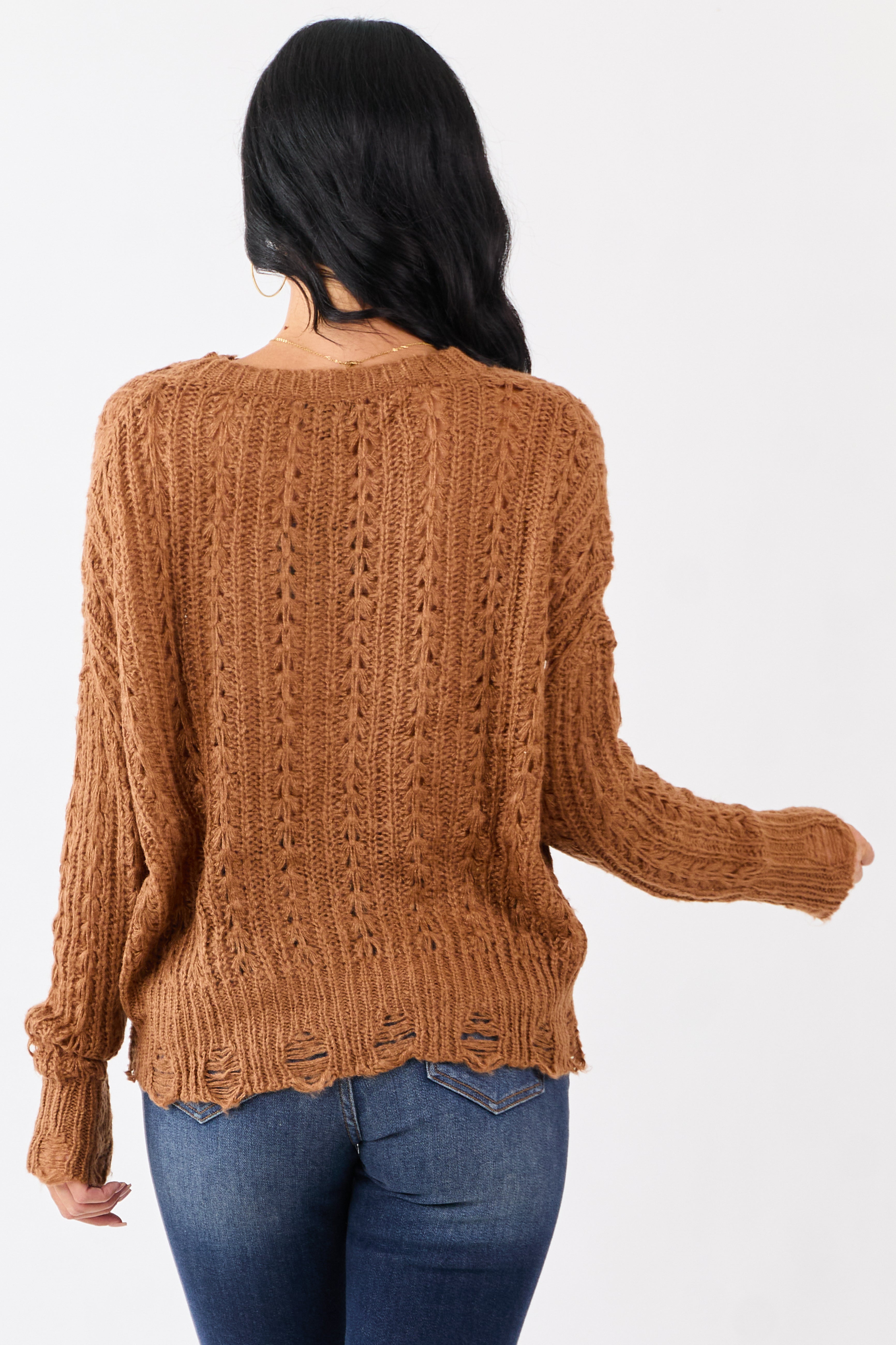 Caramel Distressed Open Knit Drop Shoulder Sweater