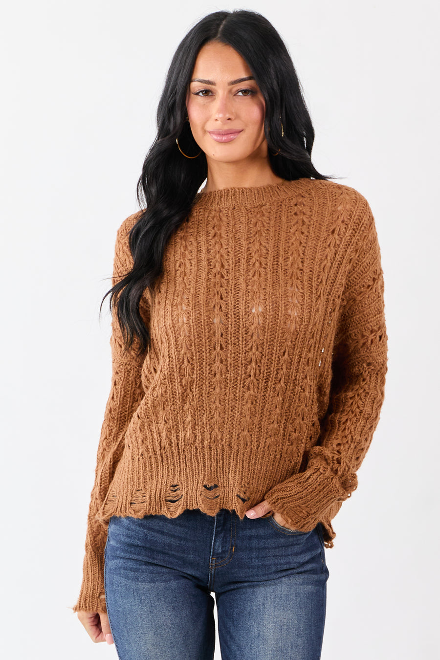 Caramel Distressed Open Knit Drop Shoulder Sweater
