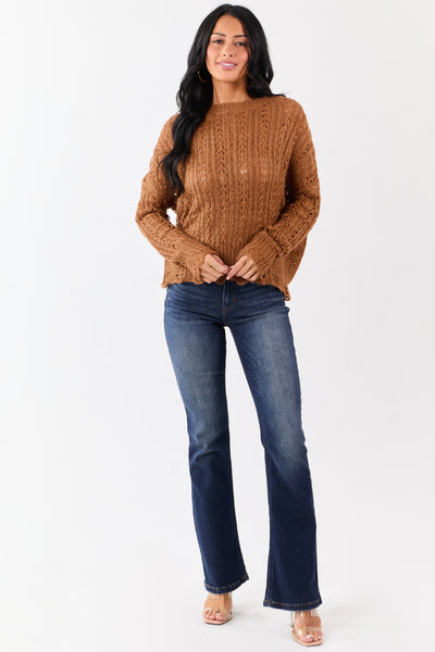 Caramel Distressed Open Knit Drop Shoulder Sweater