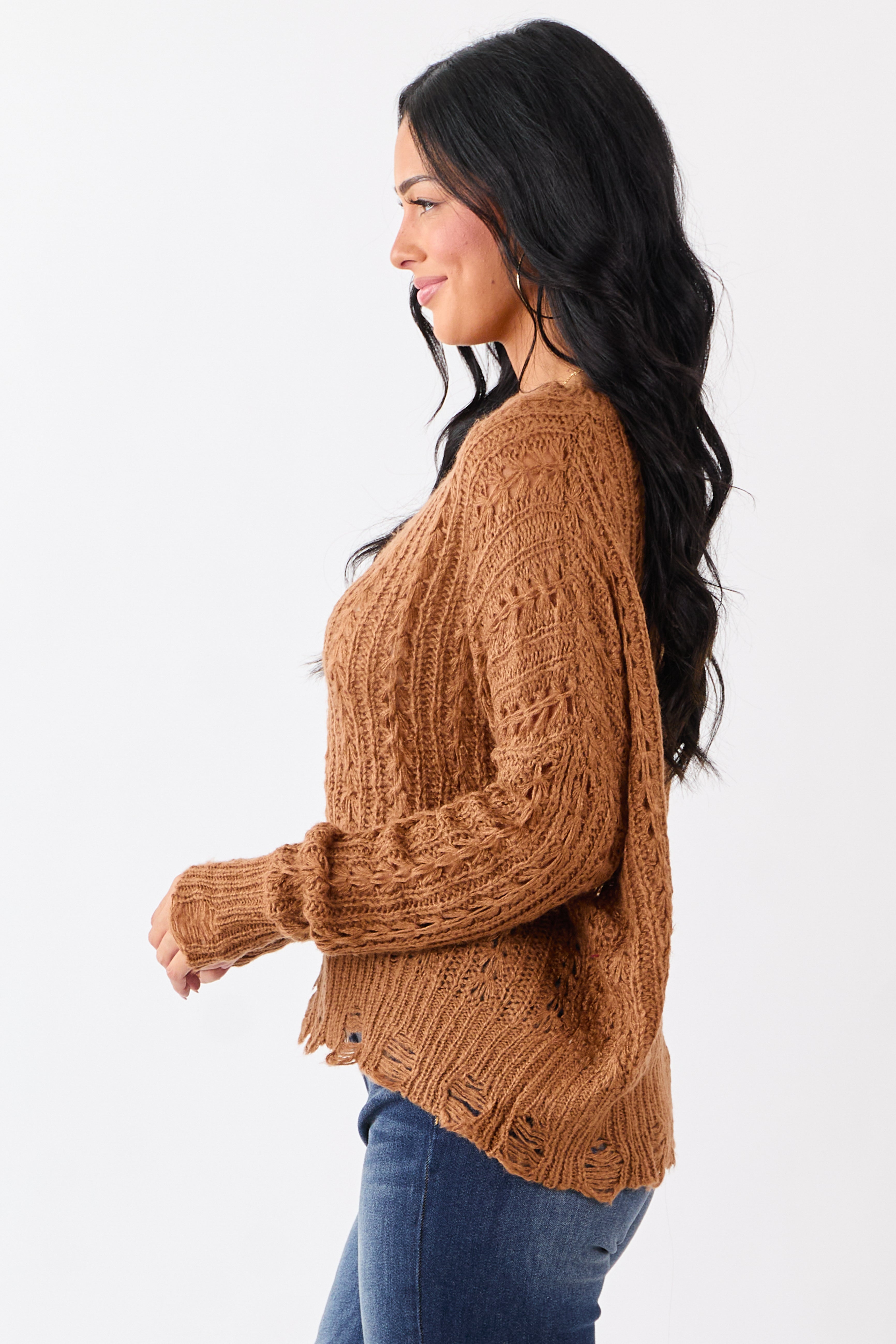Caramel Distressed Open Knit Drop Shoulder Sweater