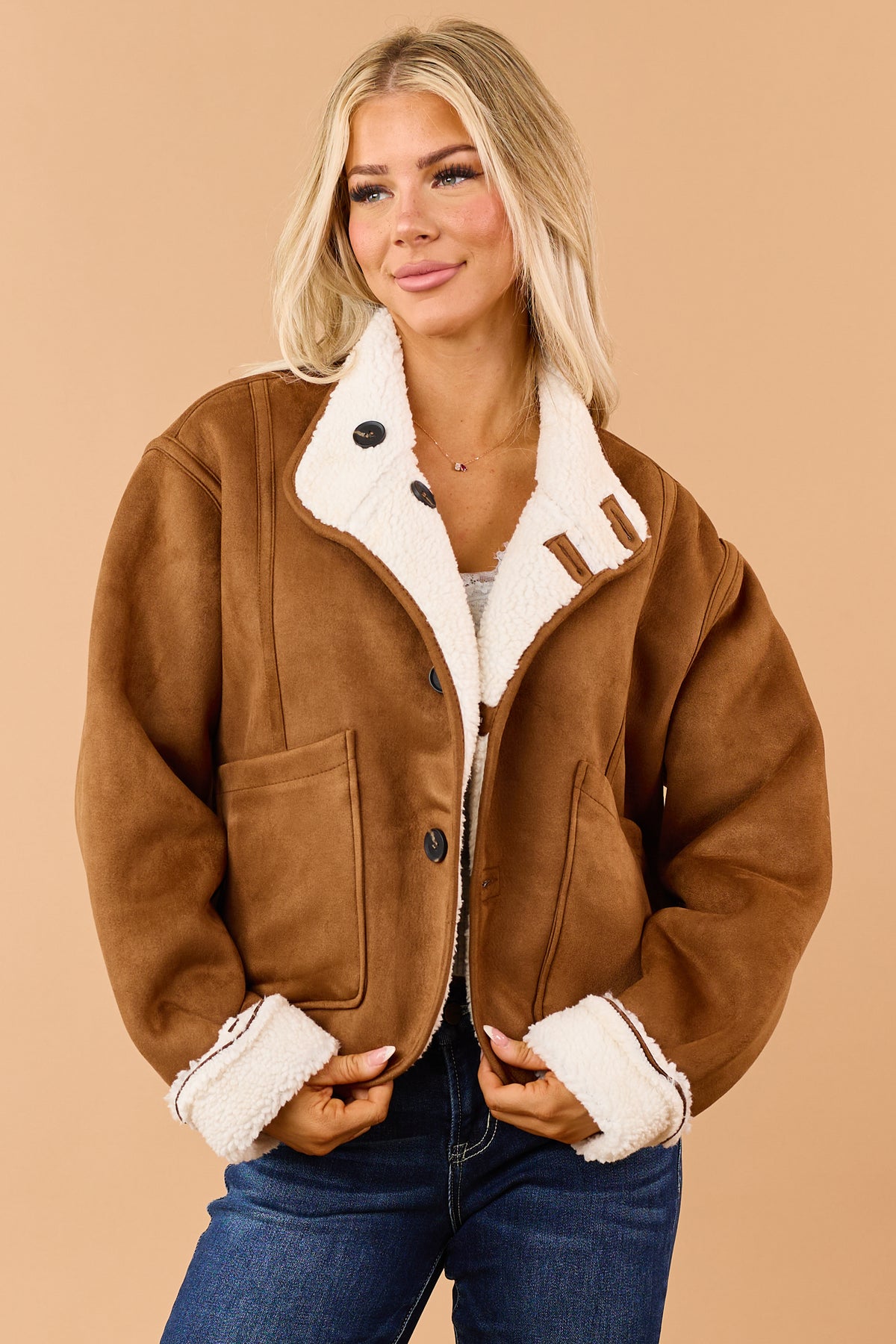 Caramel Faux Suede Reversible Sherpa Jacket