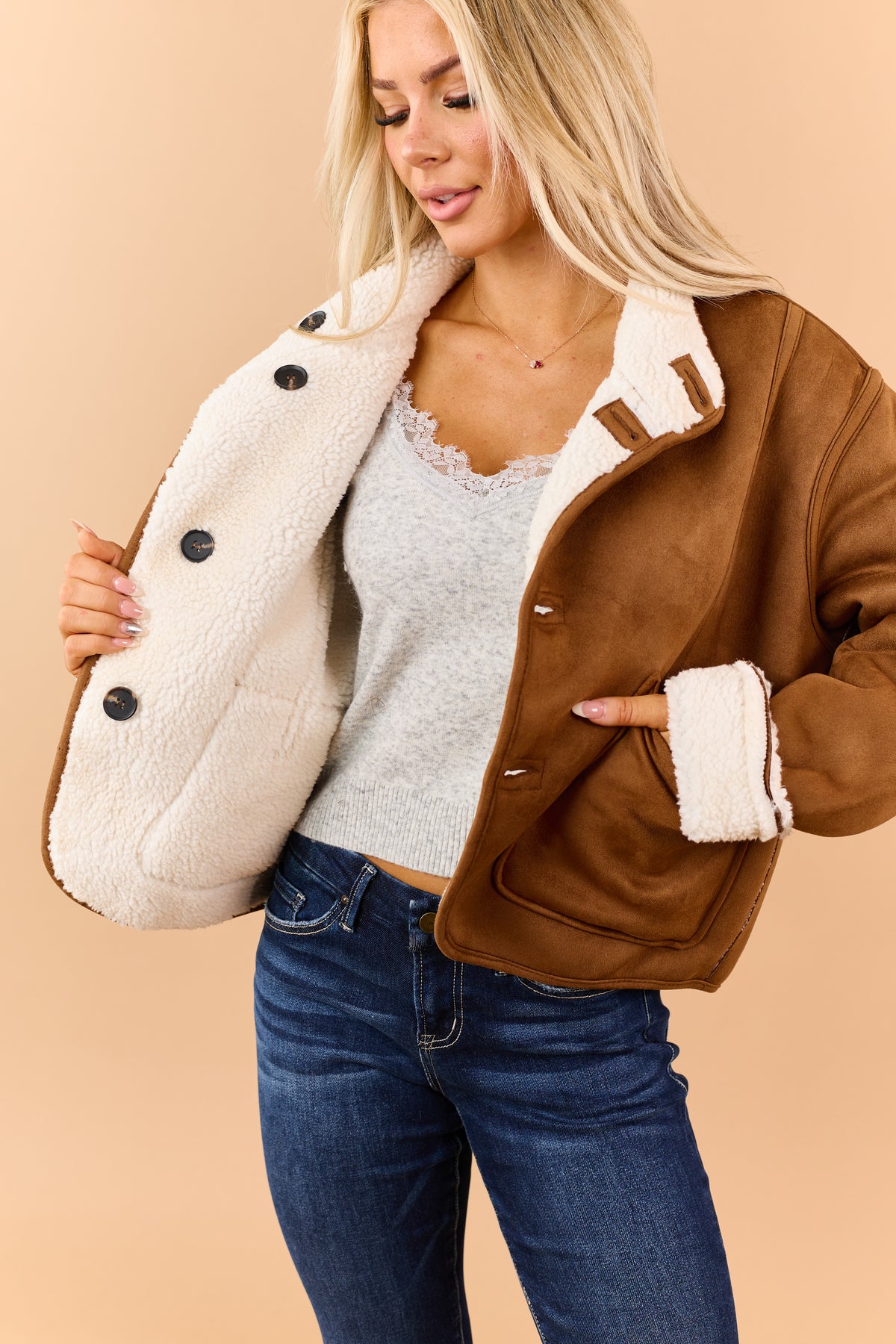 Caramel Faux Suede Reversible Sherpa Jacket