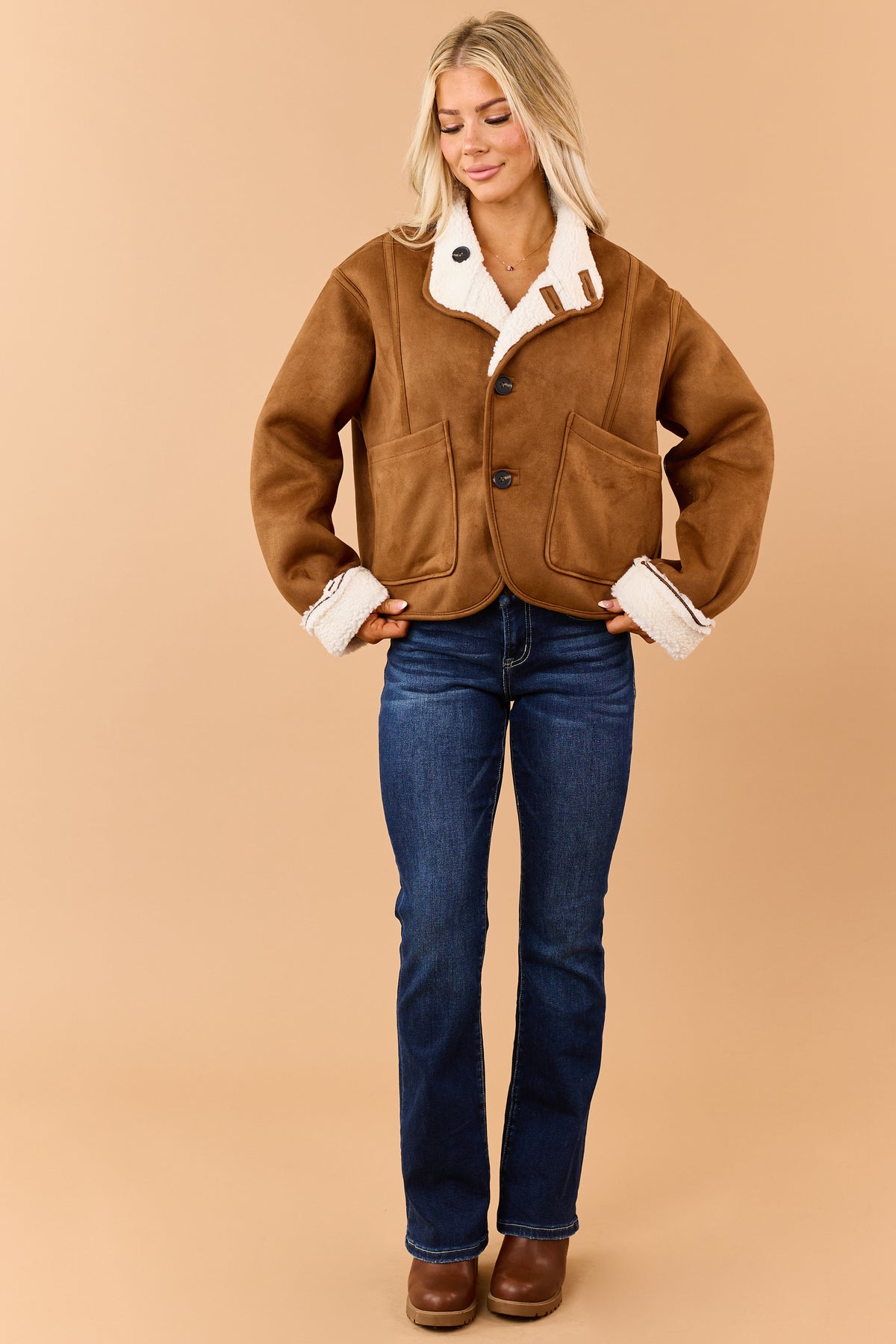 Caramel Faux Suede Reversible Sherpa Jacket