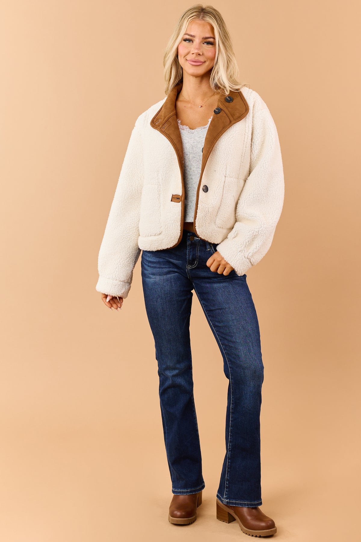 Caramel Faux Suede Reversible Sherpa Jacket