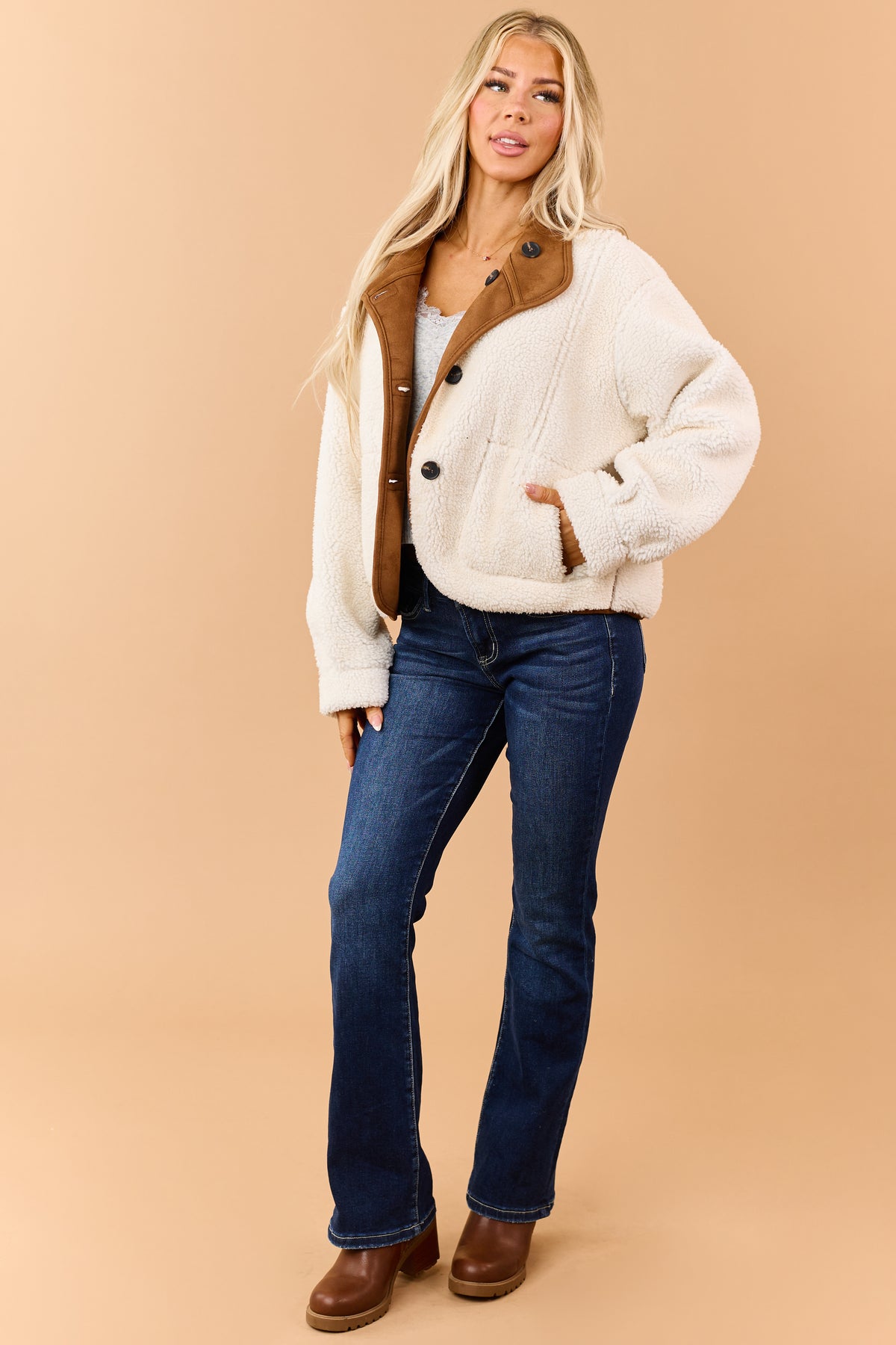 Caramel Faux Suede Reversible Sherpa Jacket