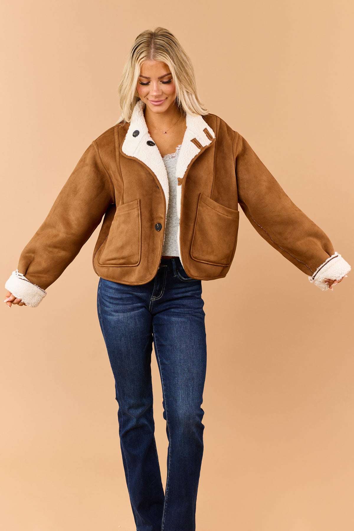 Caramel Faux Suede Reversible Sherpa Jacket