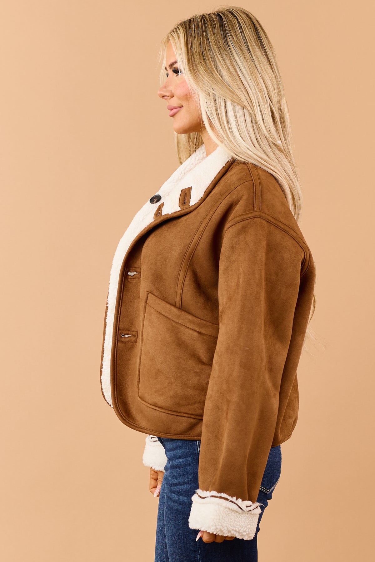 Caramel Faux Suede Reversible Sherpa Jacket