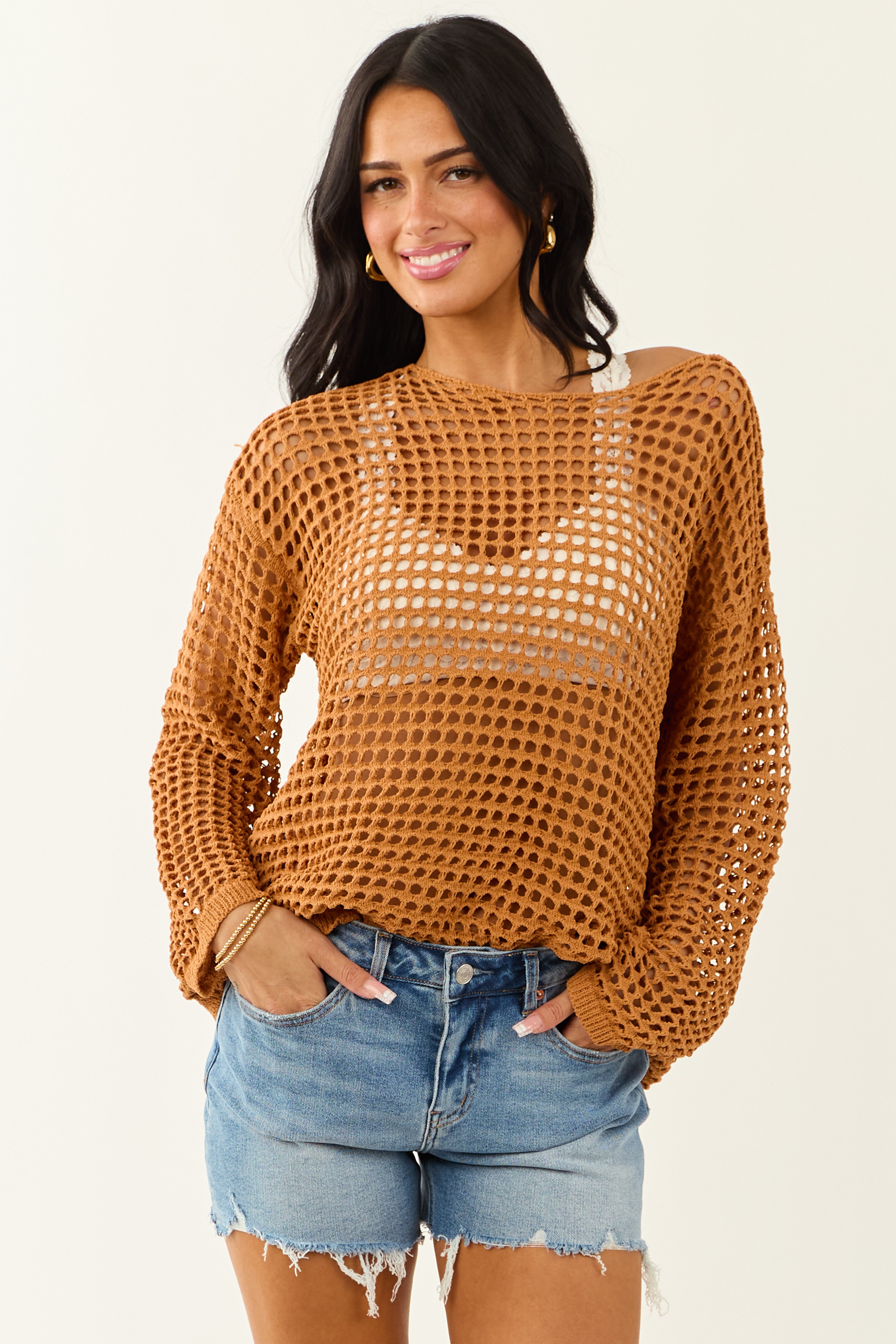 Caramel Open Crochet Round Neck Long Sleeve Top | Lime Lush Boutique