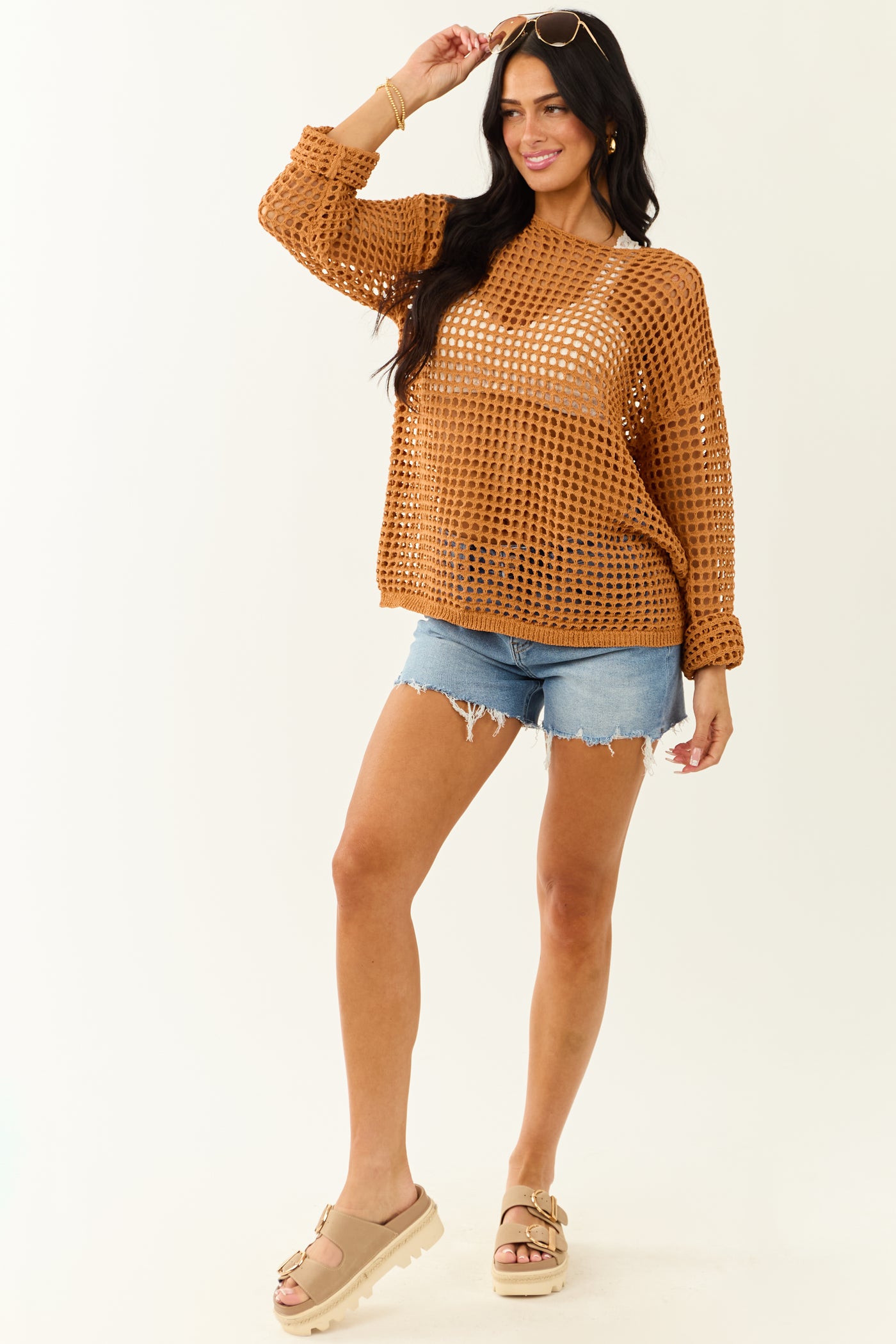 Caramel Open Crochet Round Neck Long Sleeve Top