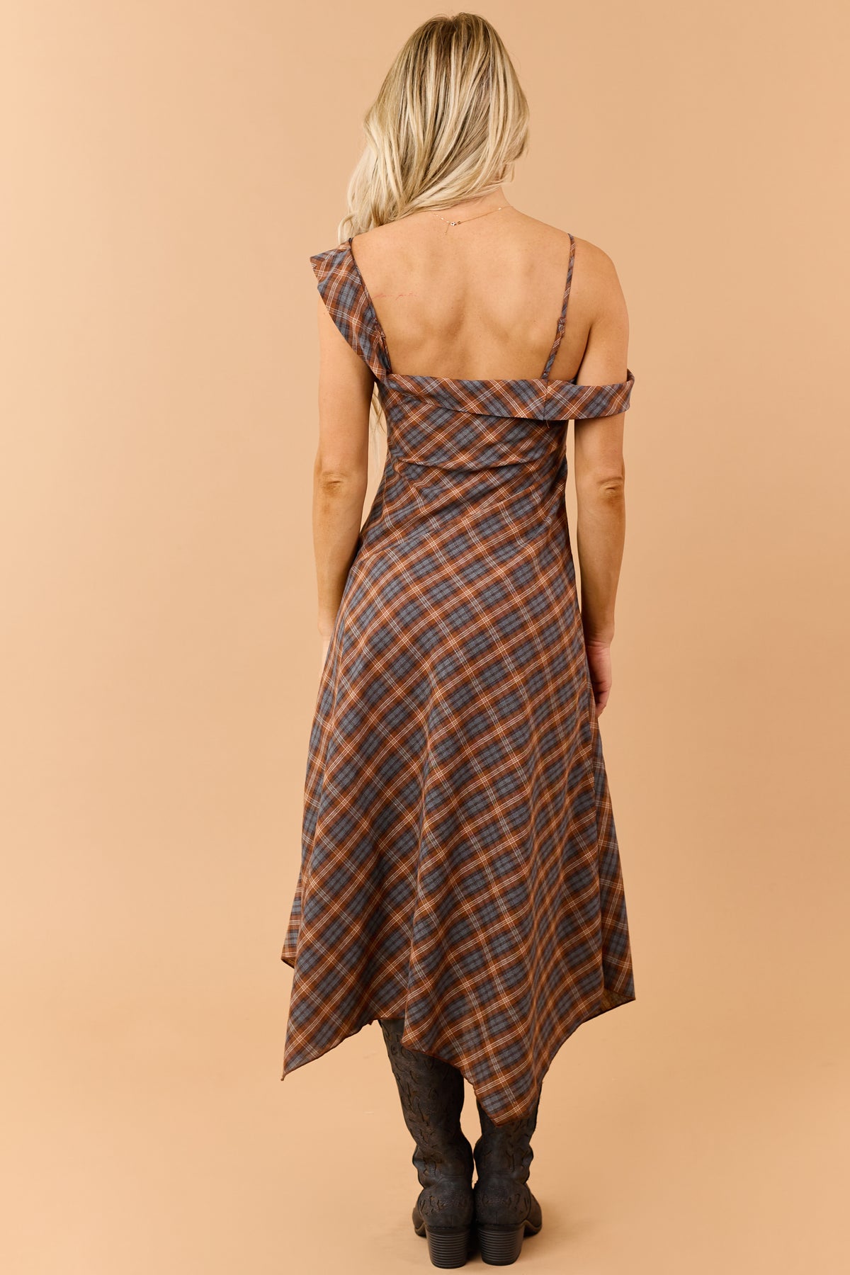 Caramel Plaid Asymmetrical Off Shoulder Midi Dress
