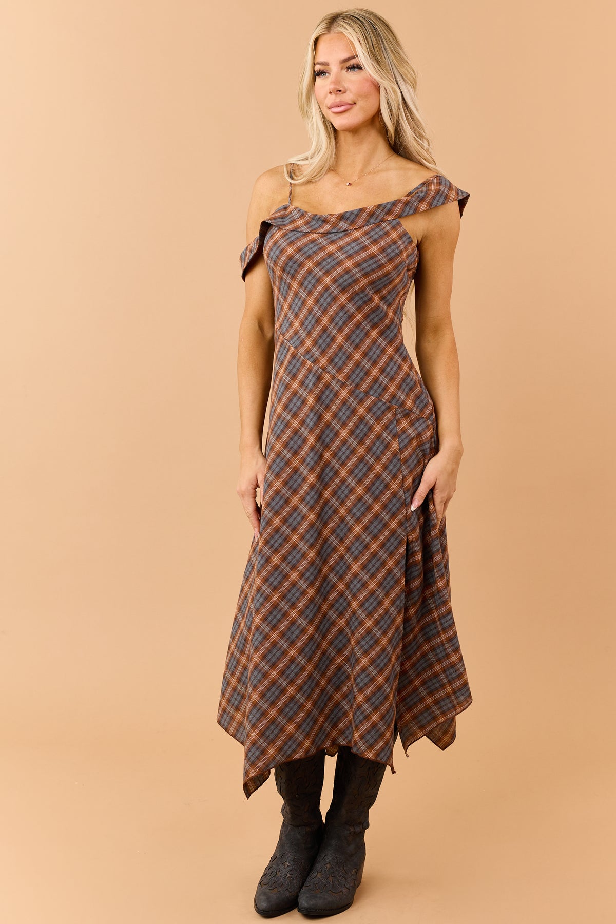Caramel Plaid Asymmetrical Off Shoulder Midi Dress