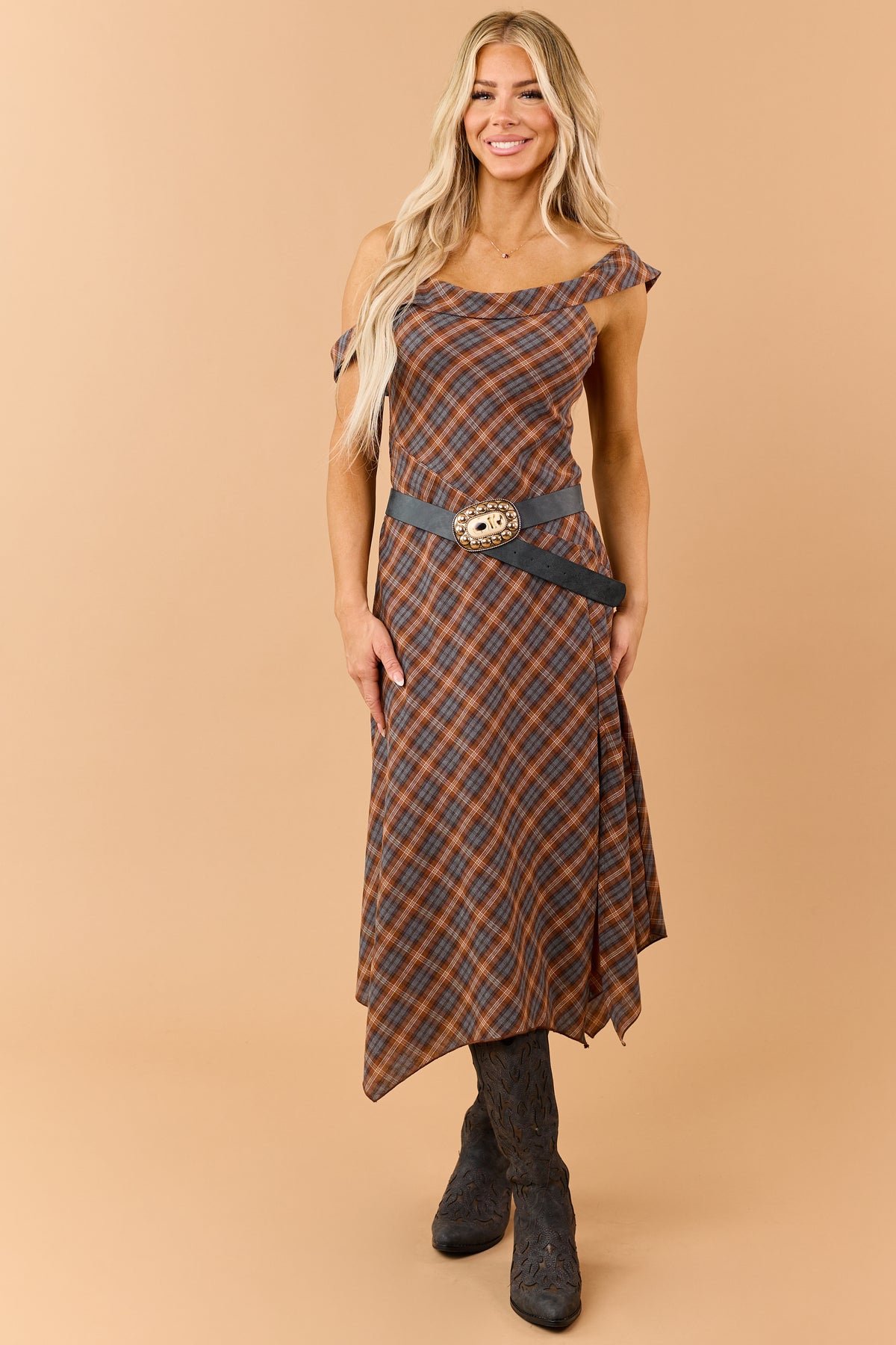 Caramel Plaid Asymmetrical Off Shoulder Midi Dress