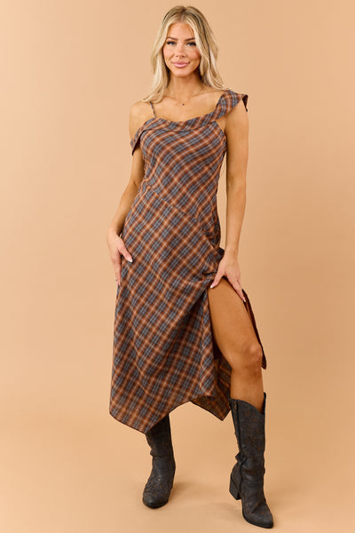 Caramel Plaid Asymmetrical Off Shoulder Midi Dress