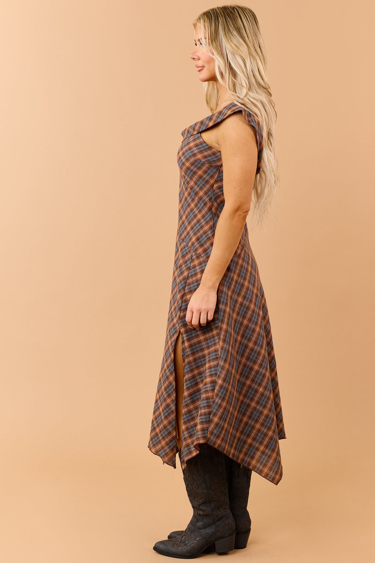 Caramel Plaid Asymmetrical Off Shoulder Midi Dress