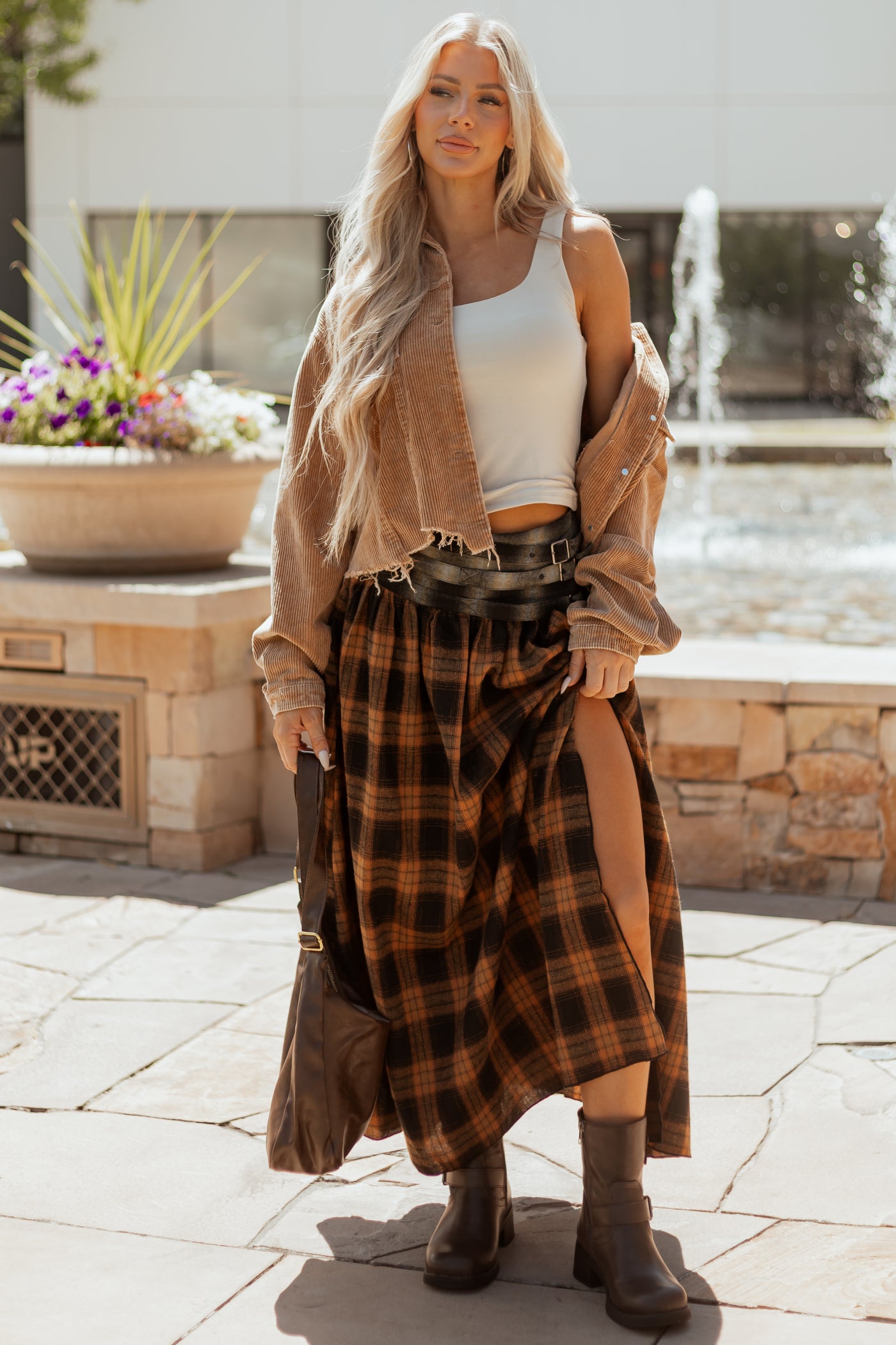 Caramel Plaid Contrast Belt Waist Maxi Skirt Lime Lush Boutique