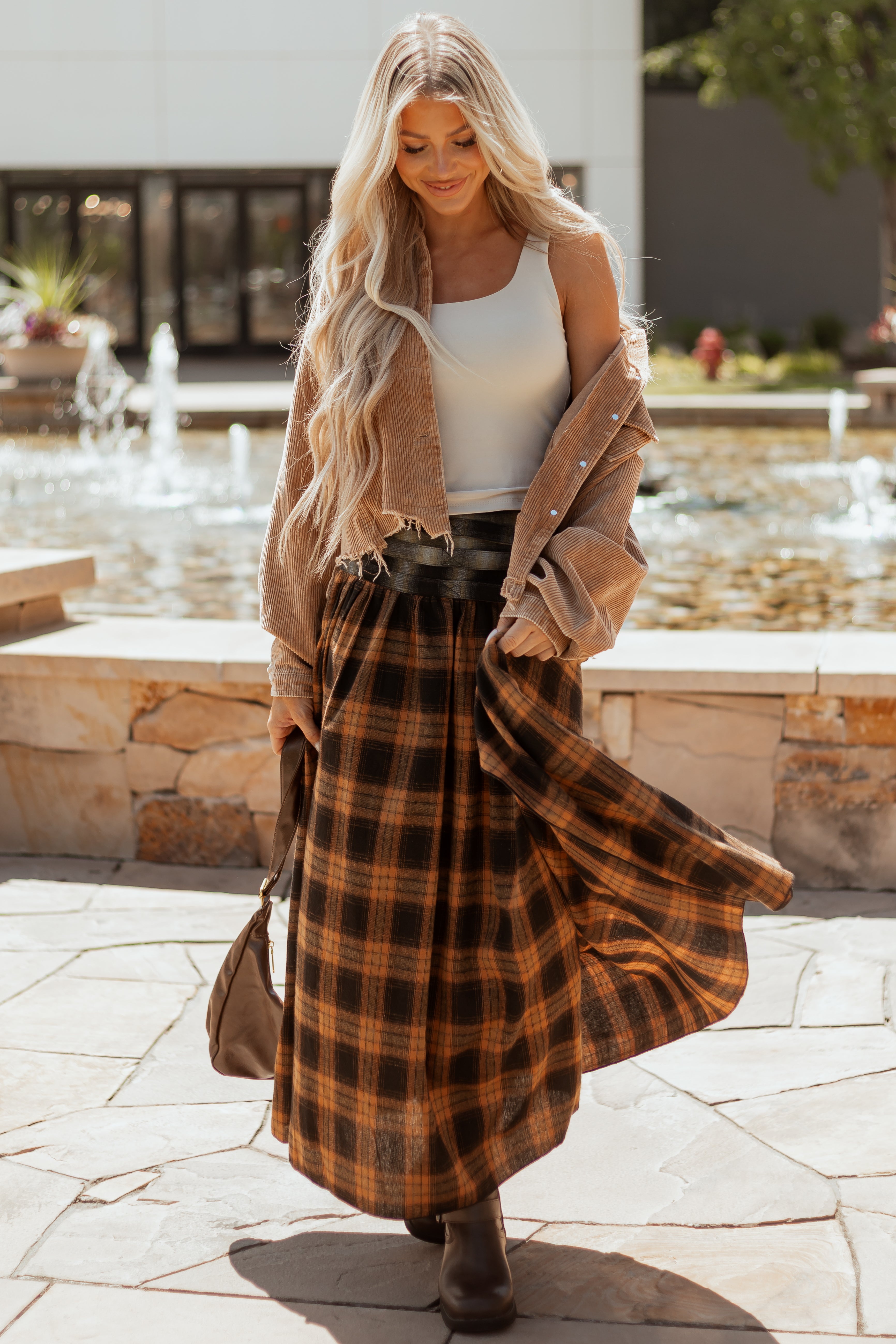 Caramel Plaid Contrast Belt Waist Maxi Skirt