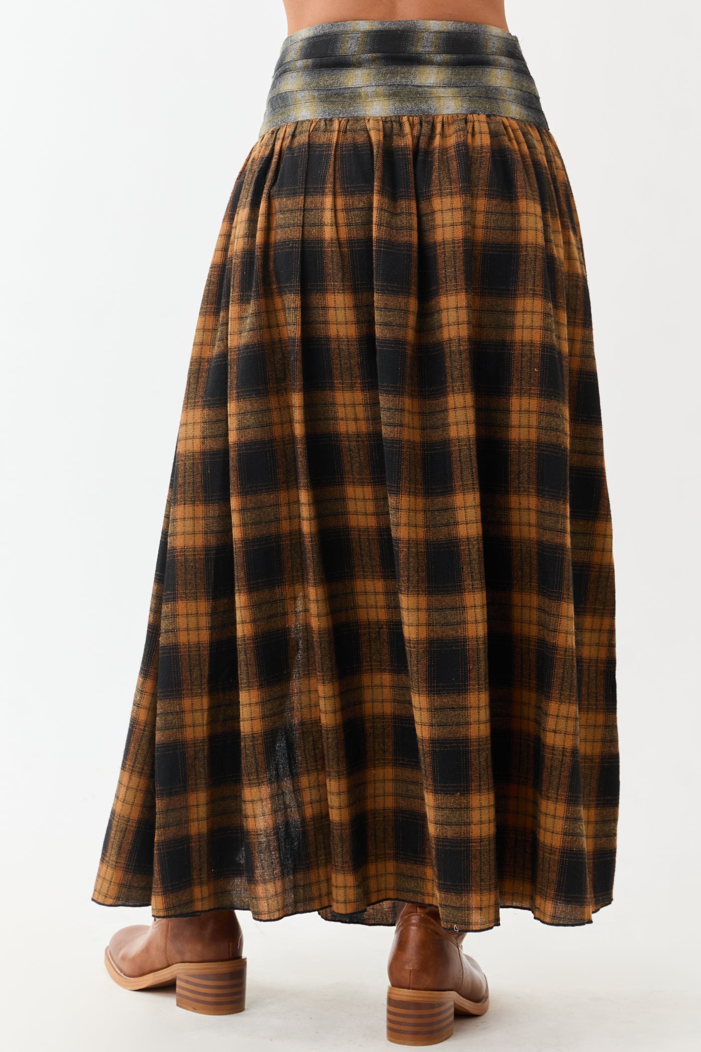 Caramel Plaid Contrast Belt Waist Maxi Skirt