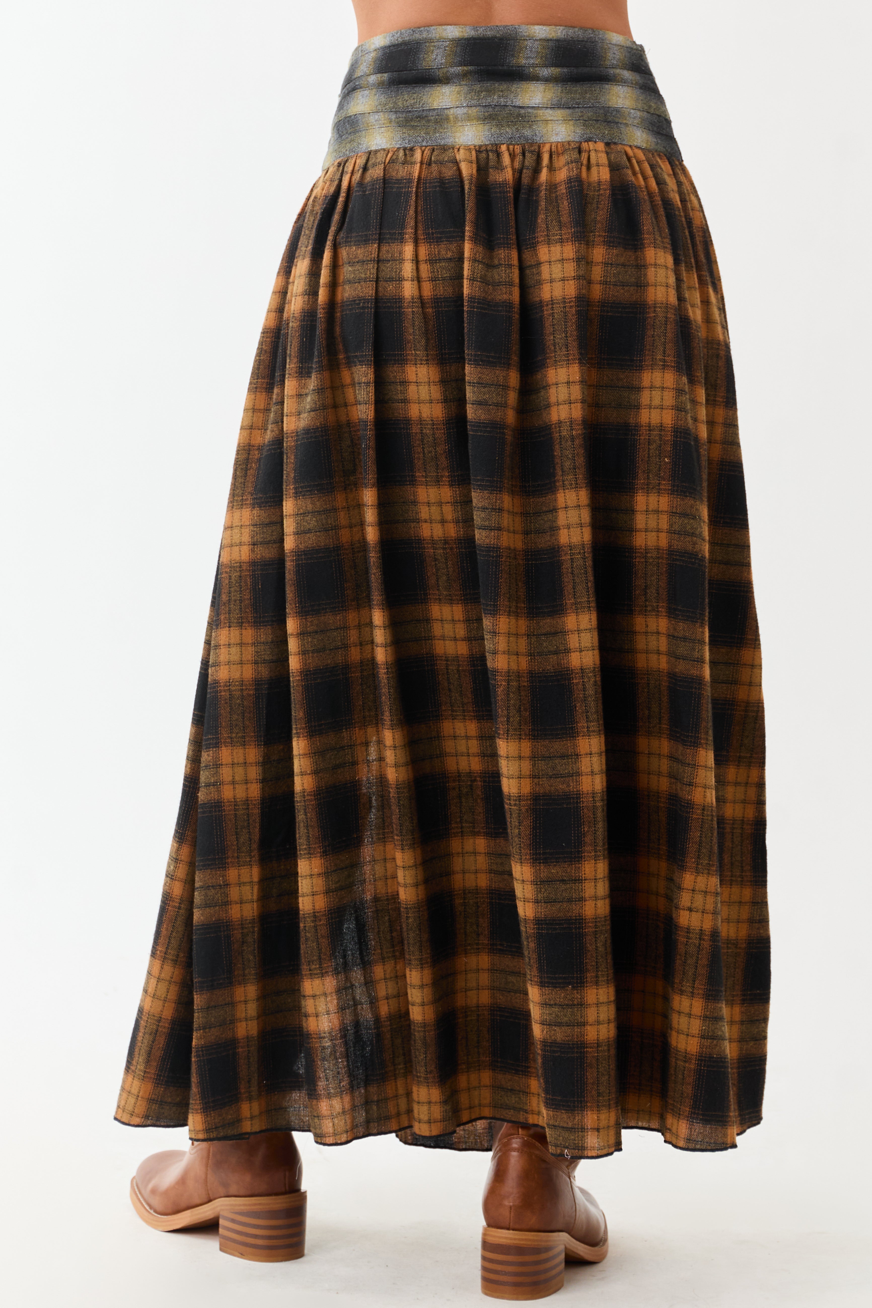 Caramel Plaid Contrast Belt Waist Maxi Skirt