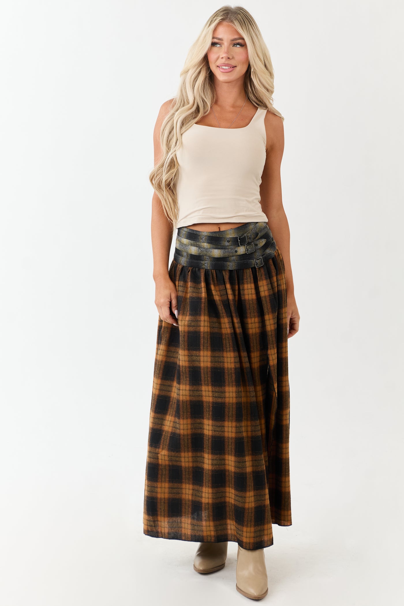 Caramel Plaid Contrast Belt Waist Maxi Skirt